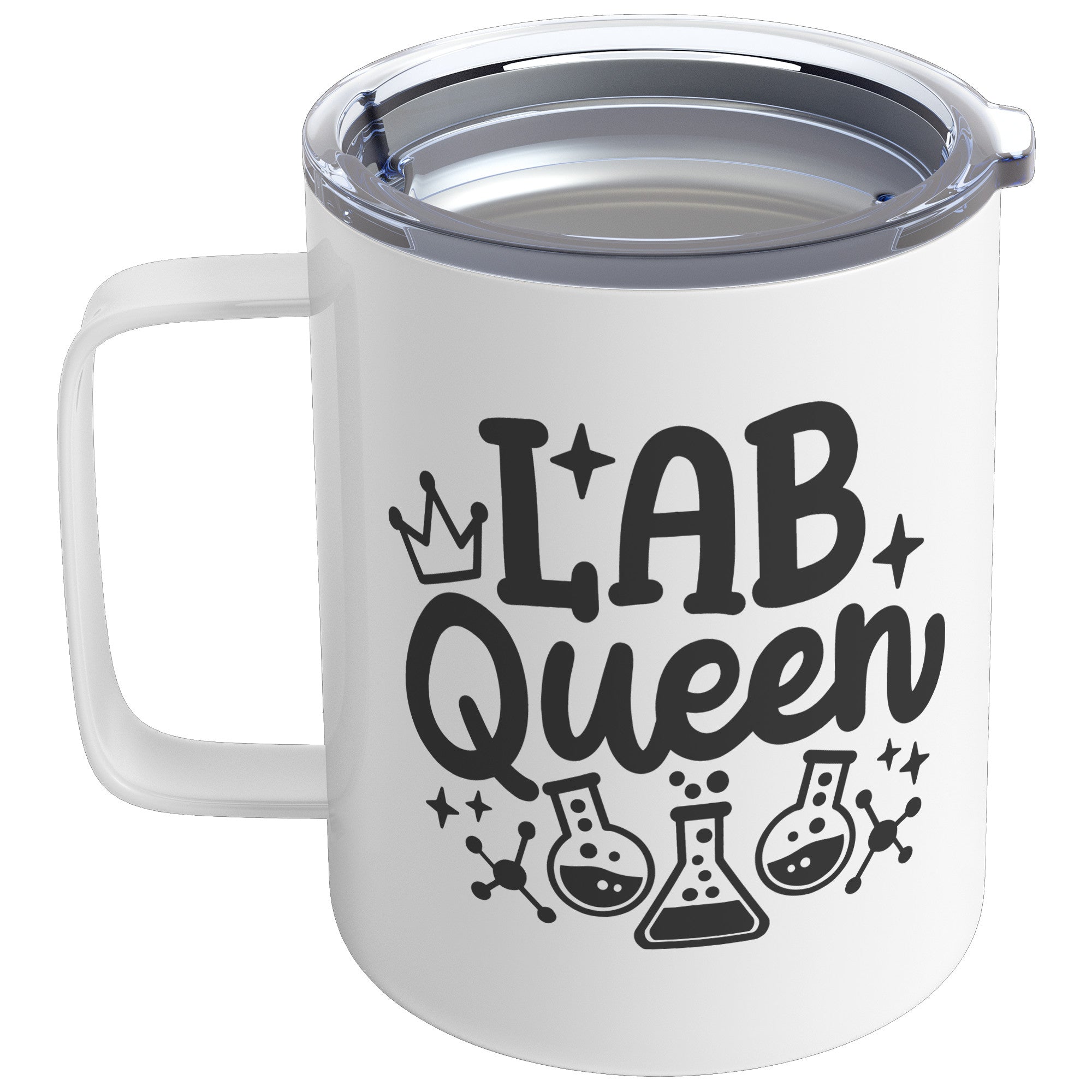 10 oz Insulated Coffee Mug 'Lab Queen' with Lab Vials Graphics - Stylish and Durable Mug for Laboratory Professionals and Enthusiasts