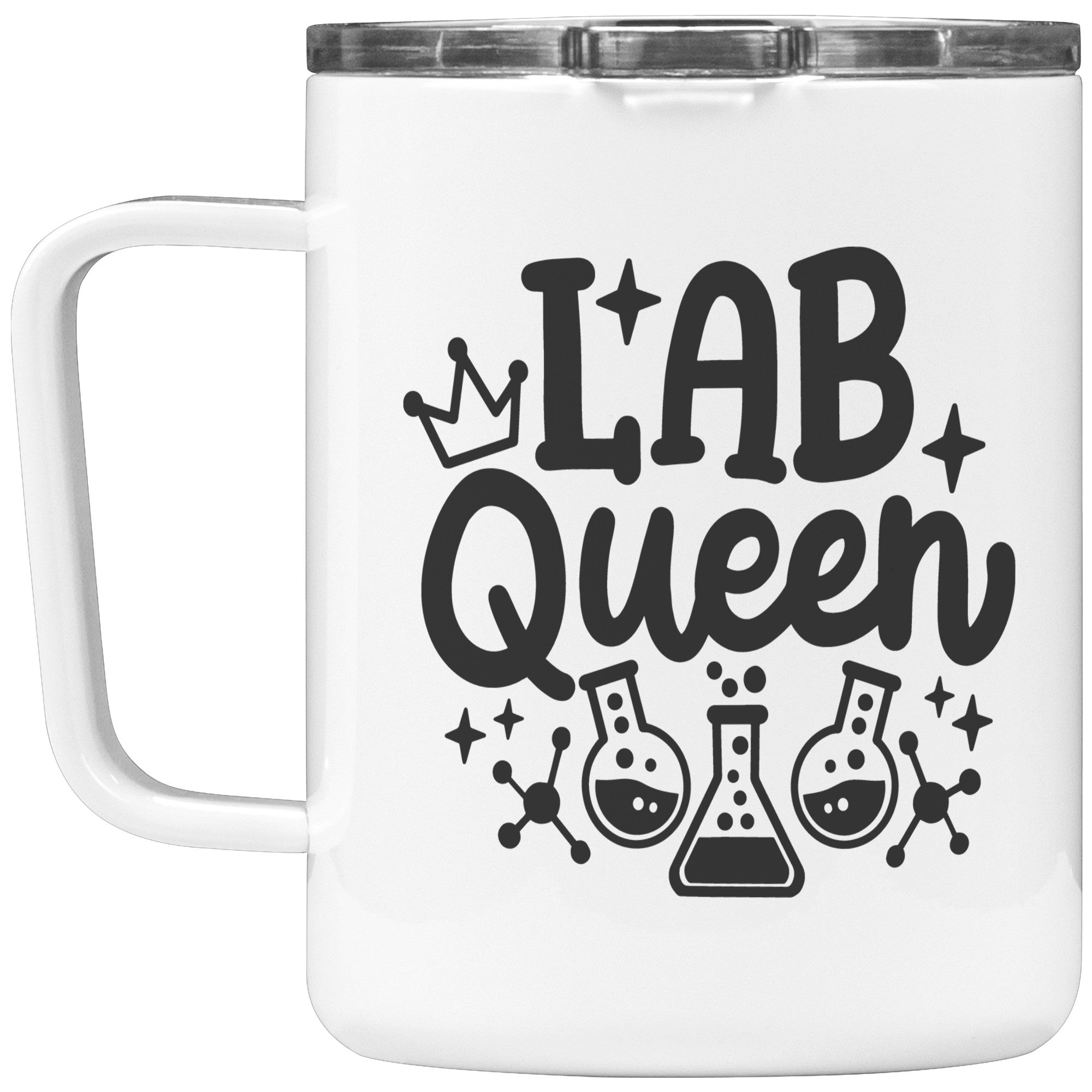 10 oz Insulated Coffee Mug 'Lab Queen' with Lab Vials Graphics - Stylish and Durable Mug for Laboratory Professionals and Enthusiasts