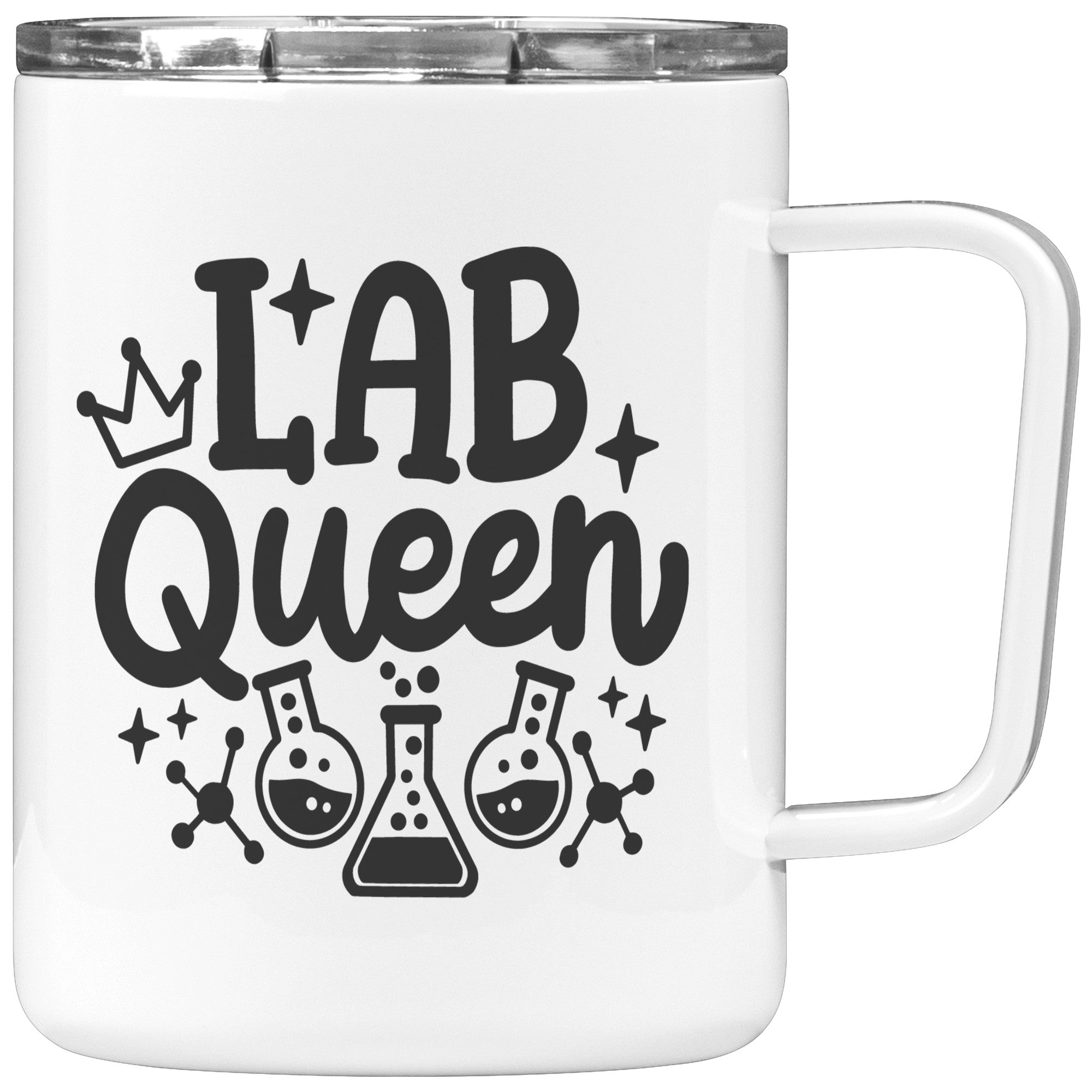 10 oz Insulated Coffee Mug 'Lab Queen' with Lab Vials Graphics - Stylish and Durable Mug for Laboratory Professionals and Enthusiasts