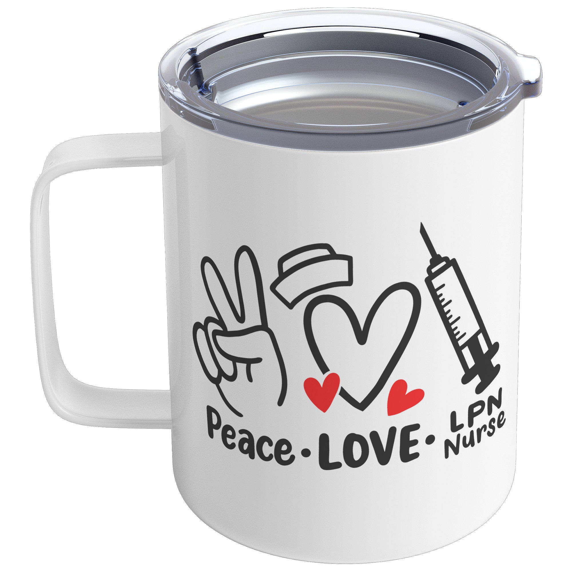 10 oz Insulated Coffee Mug 'Peace Love LPN Nurse' with Peace Sign, Heart, and Needle Images - Ideal Gift for Dedicated LPN Nurses