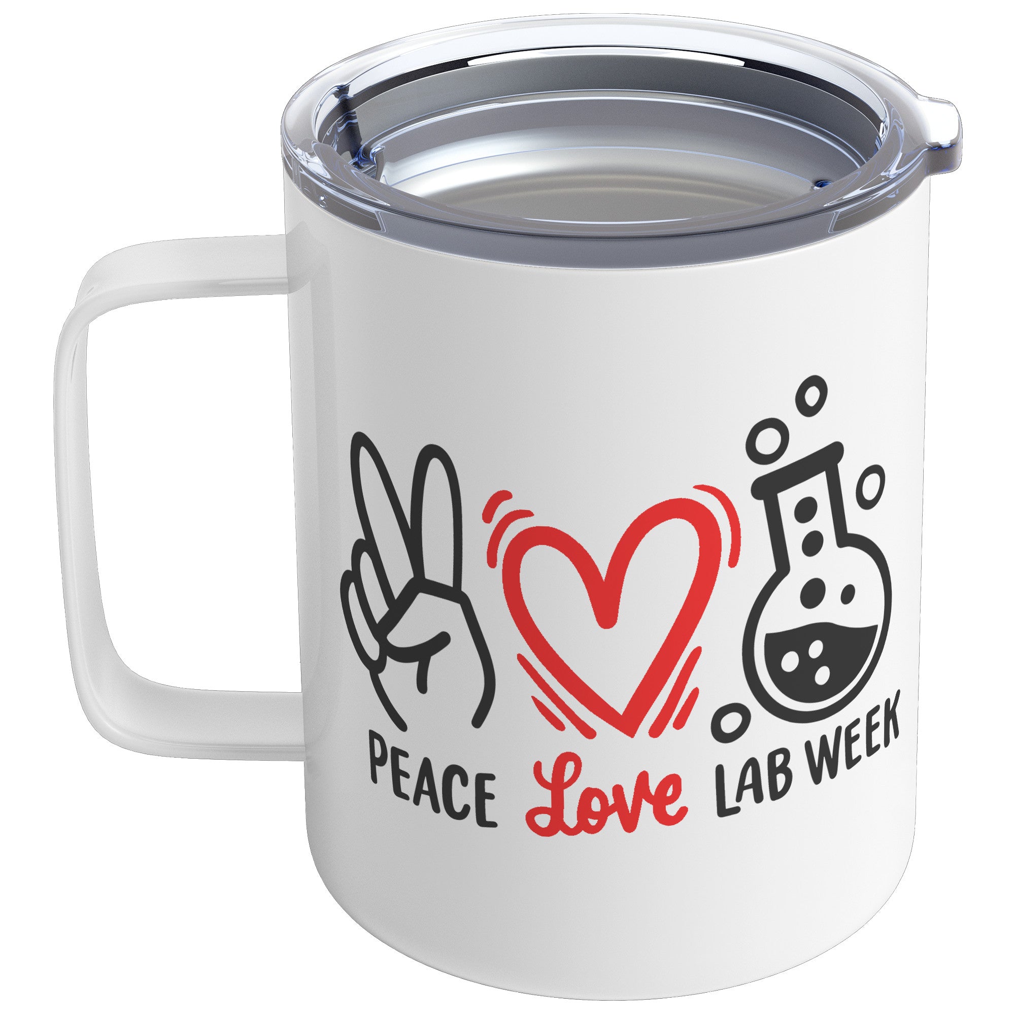 10 oz Insulated Coffee Mug 'Peace Love Lab Week' with Peace Sign, Heart, and Lab Vial Images - Celebratory Gift for Laboratory Professionals