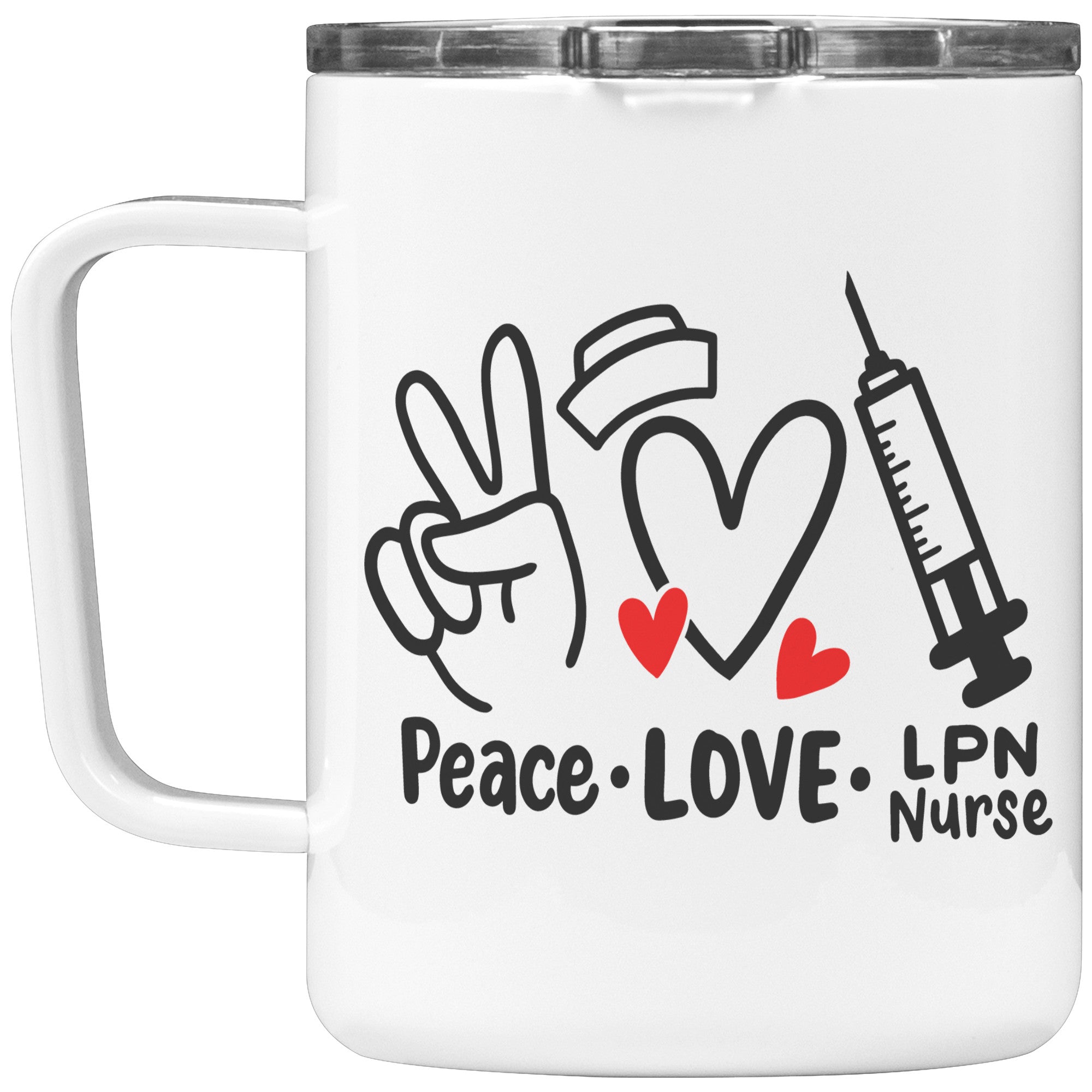 10 oz Insulated Coffee Mug 'Peace Love LPN Nurse' with Peace Sign, Heart, and Needle Images - Ideal Gift for Dedicated LPN Nurses