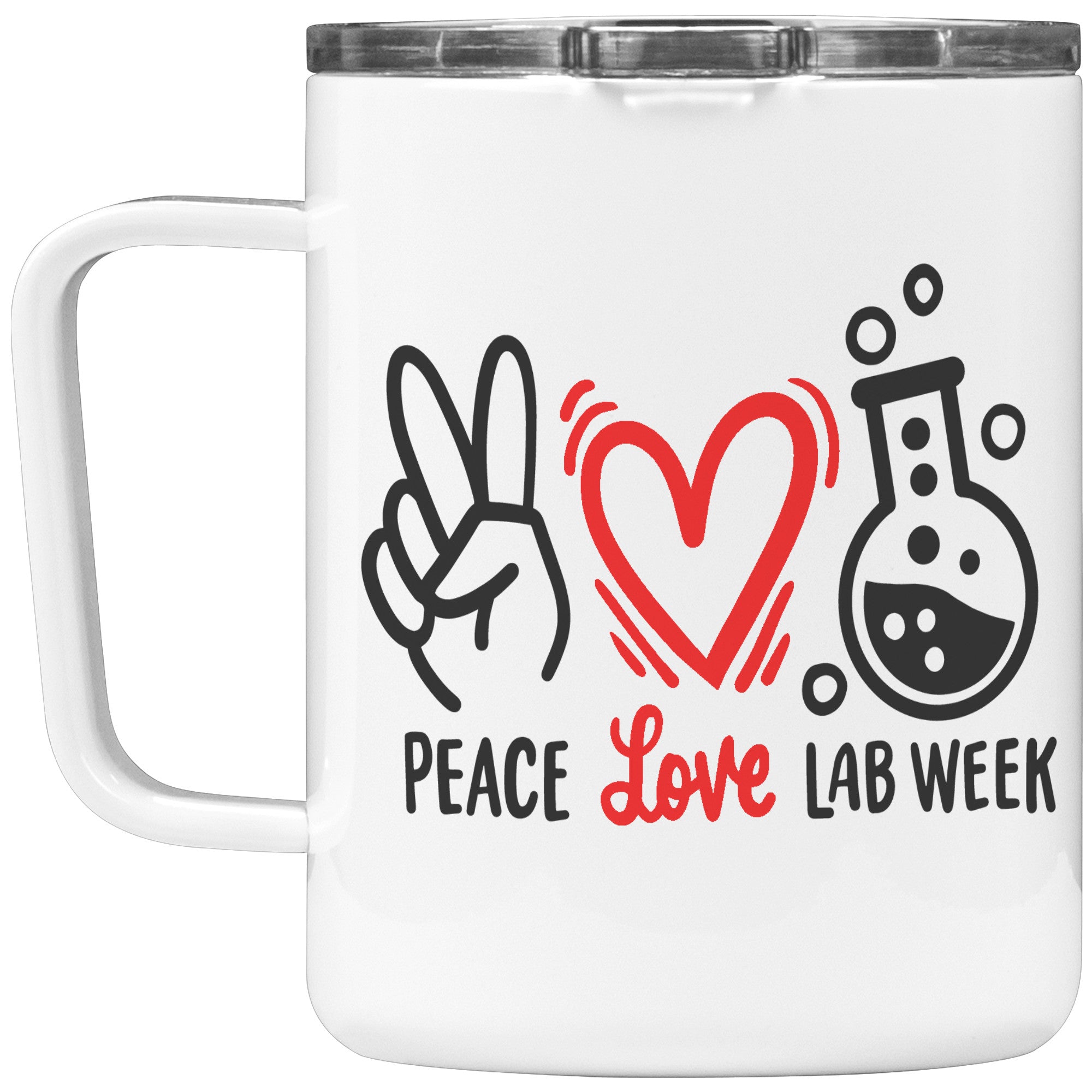 10 oz Insulated Coffee Mug 'Peace Love Lab Week' with Peace Sign, Heart, and Lab Vial Images - Celebratory Gift for Laboratory Professionals