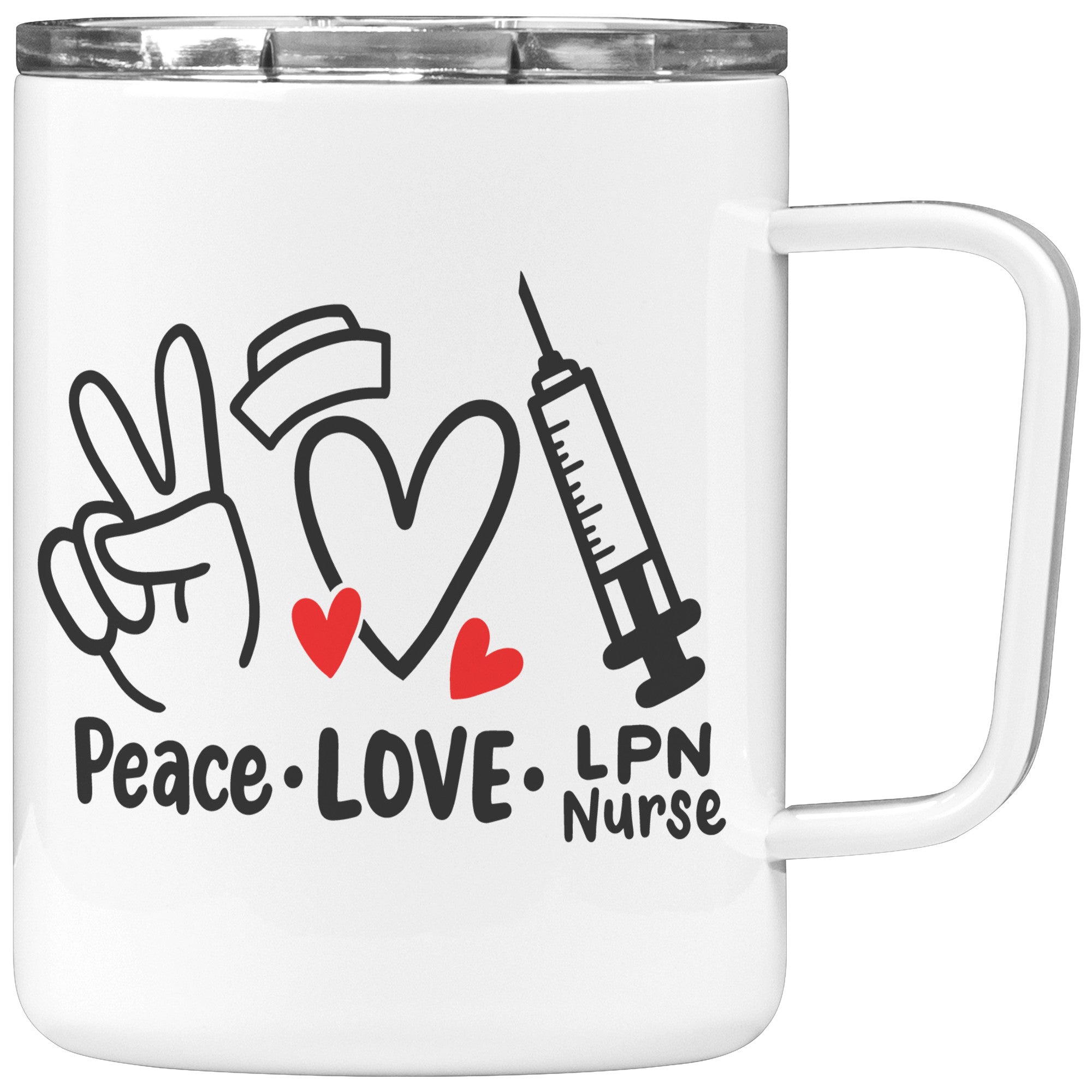 10 oz Insulated Coffee Mug 'Peace Love LPN Nurse' with Peace Sign, Heart, and Needle Images - Ideal Gift for Dedicated LPN Nurses