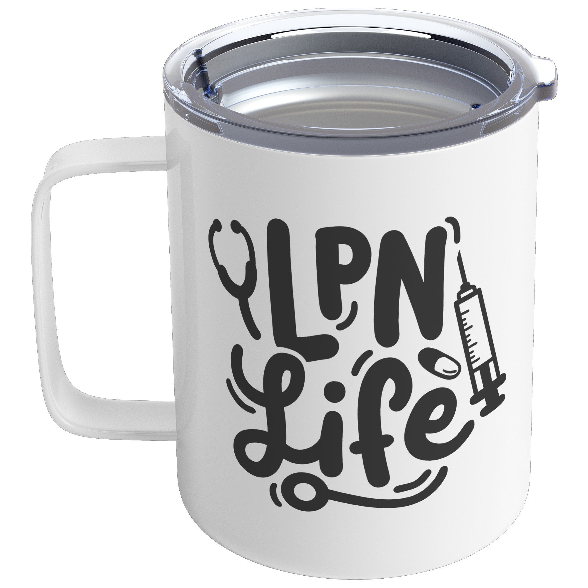 10 oz Insulated Coffee Mug for LPNs - 'LPN Life' with Needle, Pill, and Stethoscope Design - Ideal for Nursing Professionals
