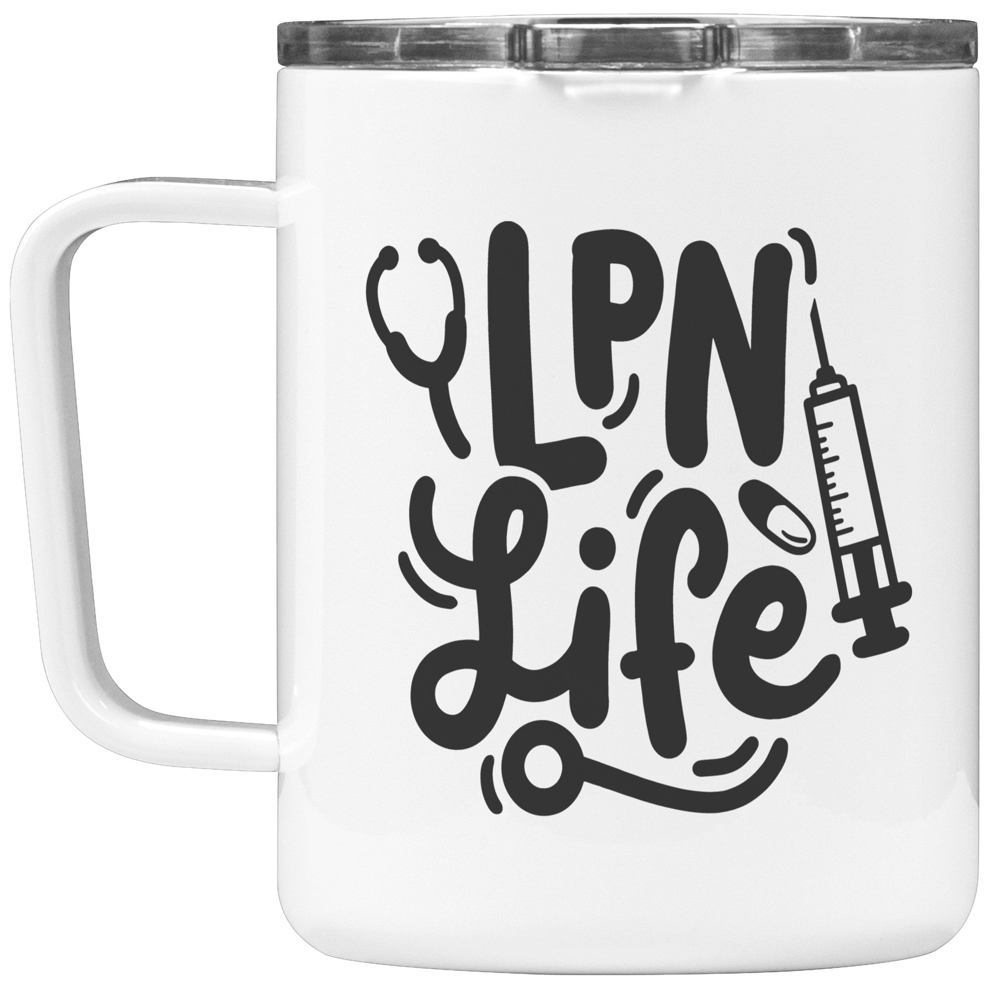 10 oz Insulated Coffee Mug for LPNs - 'LPN Life' with Needle, Pill, and Stethoscope Design - Ideal for Nursing Professionals