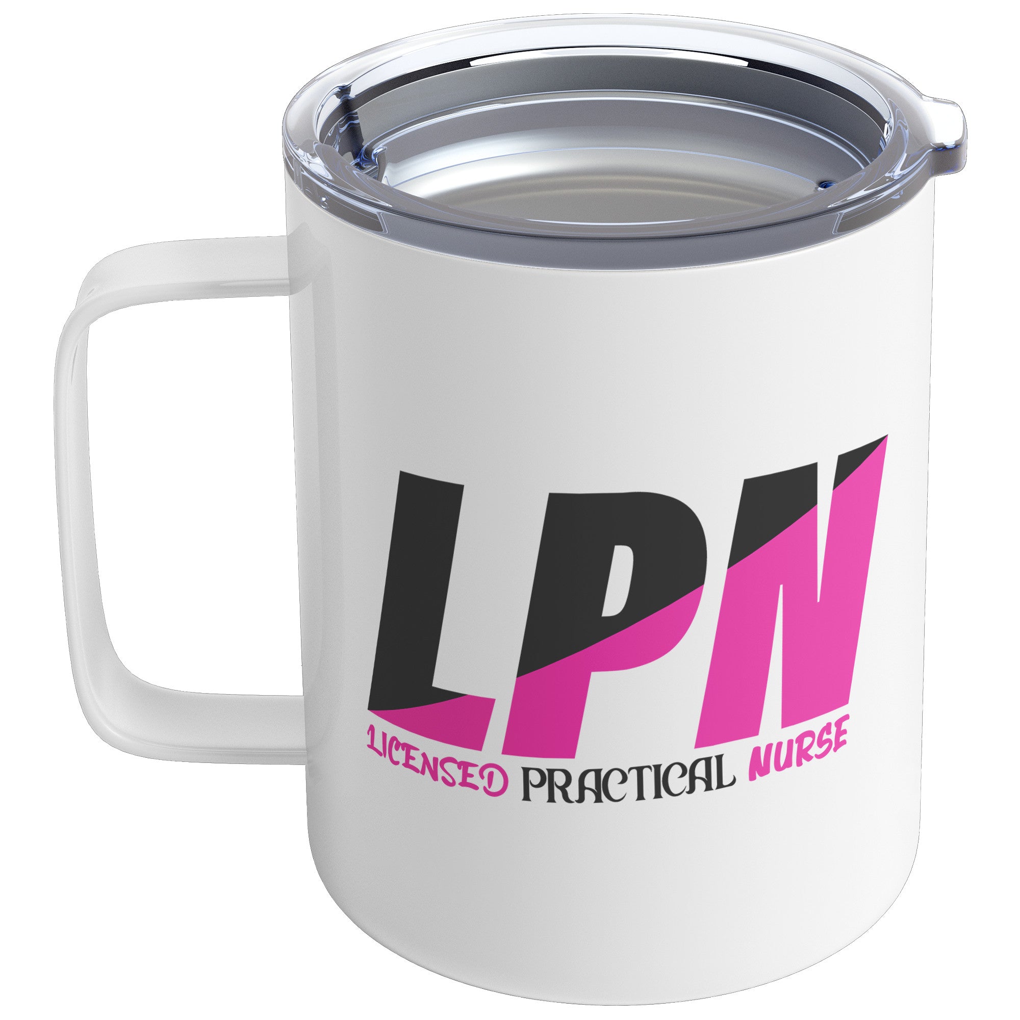 10 oz Insulated Coffee Mug for Licensed Practical Nurses - Black and Fuschia Color Block Design with 'Licensed Practical Nurse' Text - Stylish and Functional