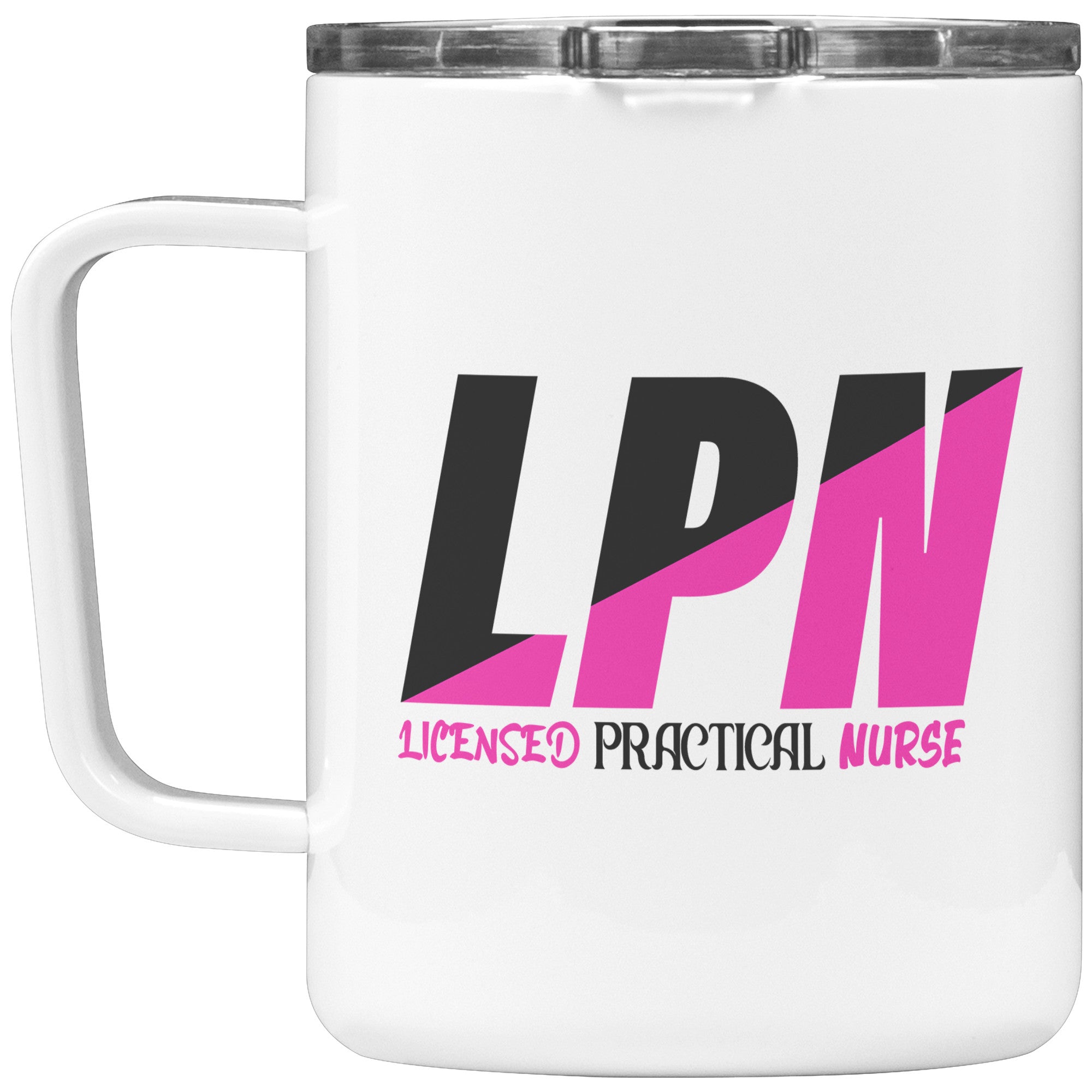 10 oz Insulated Coffee Mug for Licensed Practical Nurses - Black and Fuschia Color Block Design with 'Licensed Practical Nurse' Text - Stylish and Functional