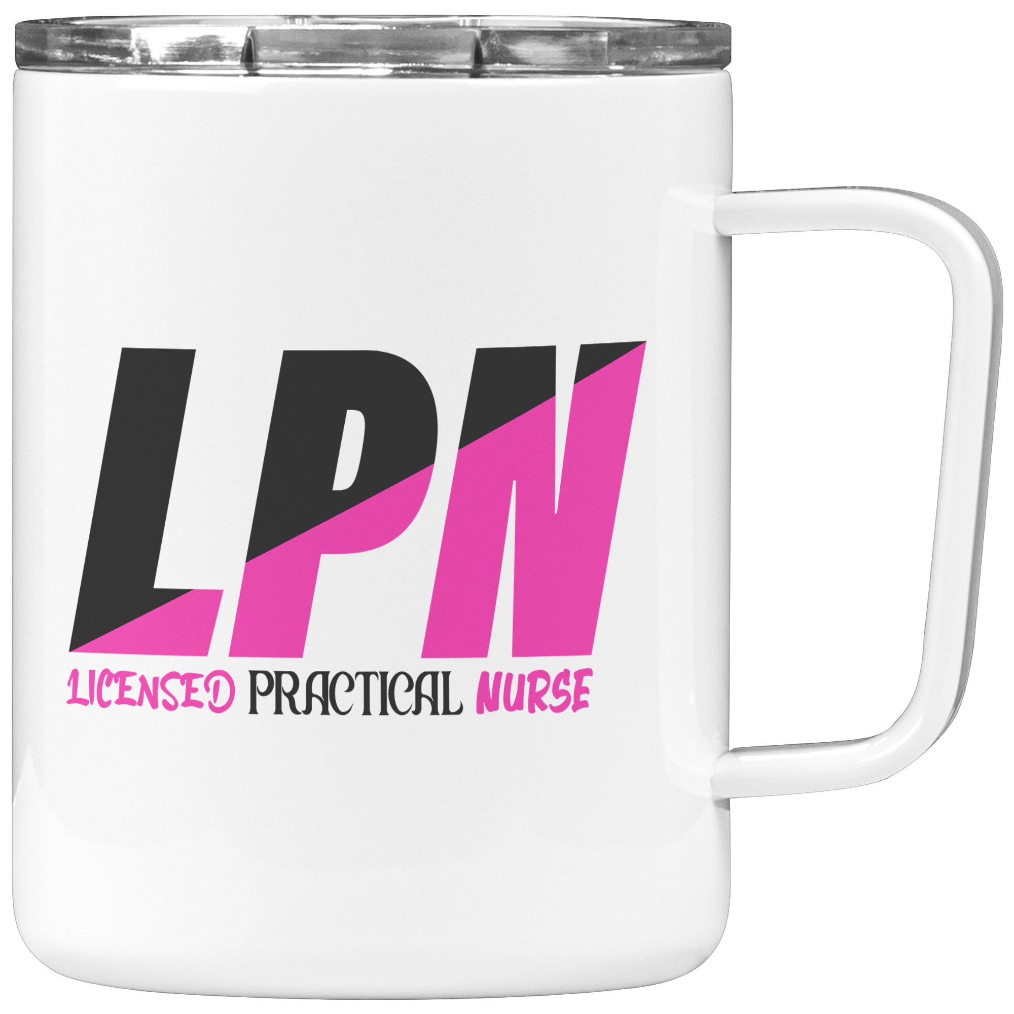 10 oz Insulated Coffee Mug for Licensed Practical Nurses - Black and Fuschia Color Block Design with 'Licensed Practical Nurse' Text - Stylish and Functional