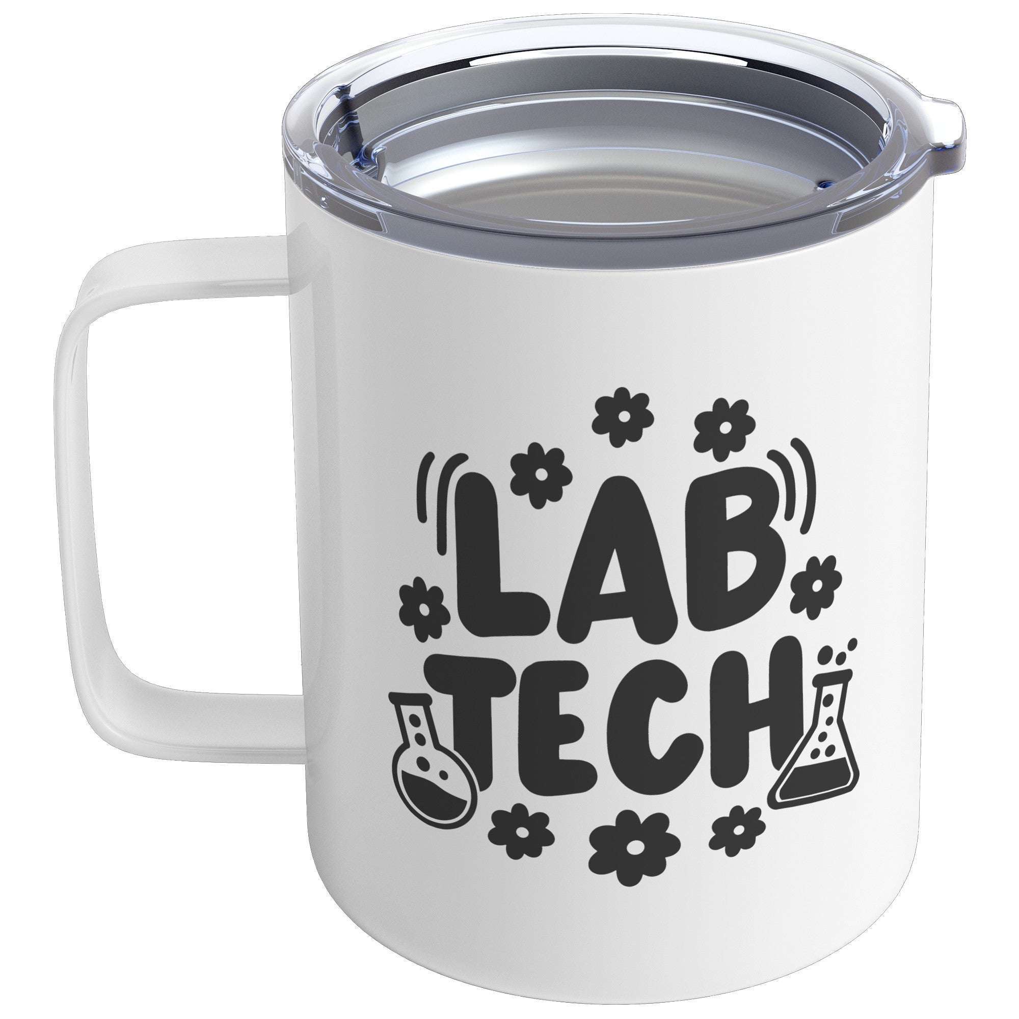 10 oz Insulated Coffee Mug with Daisies and Lab Vials - 'Lab Tech' - Perfect Gift for Laboratory Technicians and Flower Enthusiasts