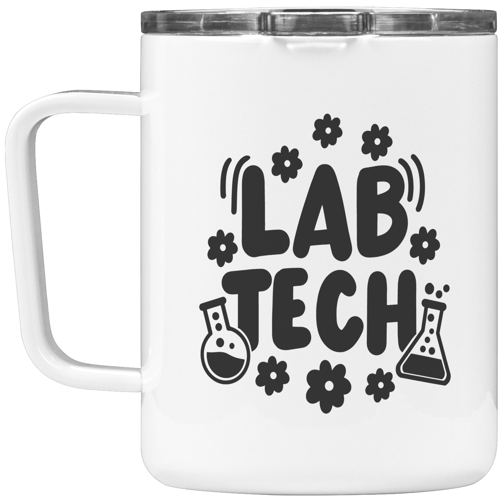 10 oz Insulated Coffee Mug with Daisies and Lab Vials - 'Lab Tech' - Perfect Gift for Laboratory Technicians and Flower Enthusiasts