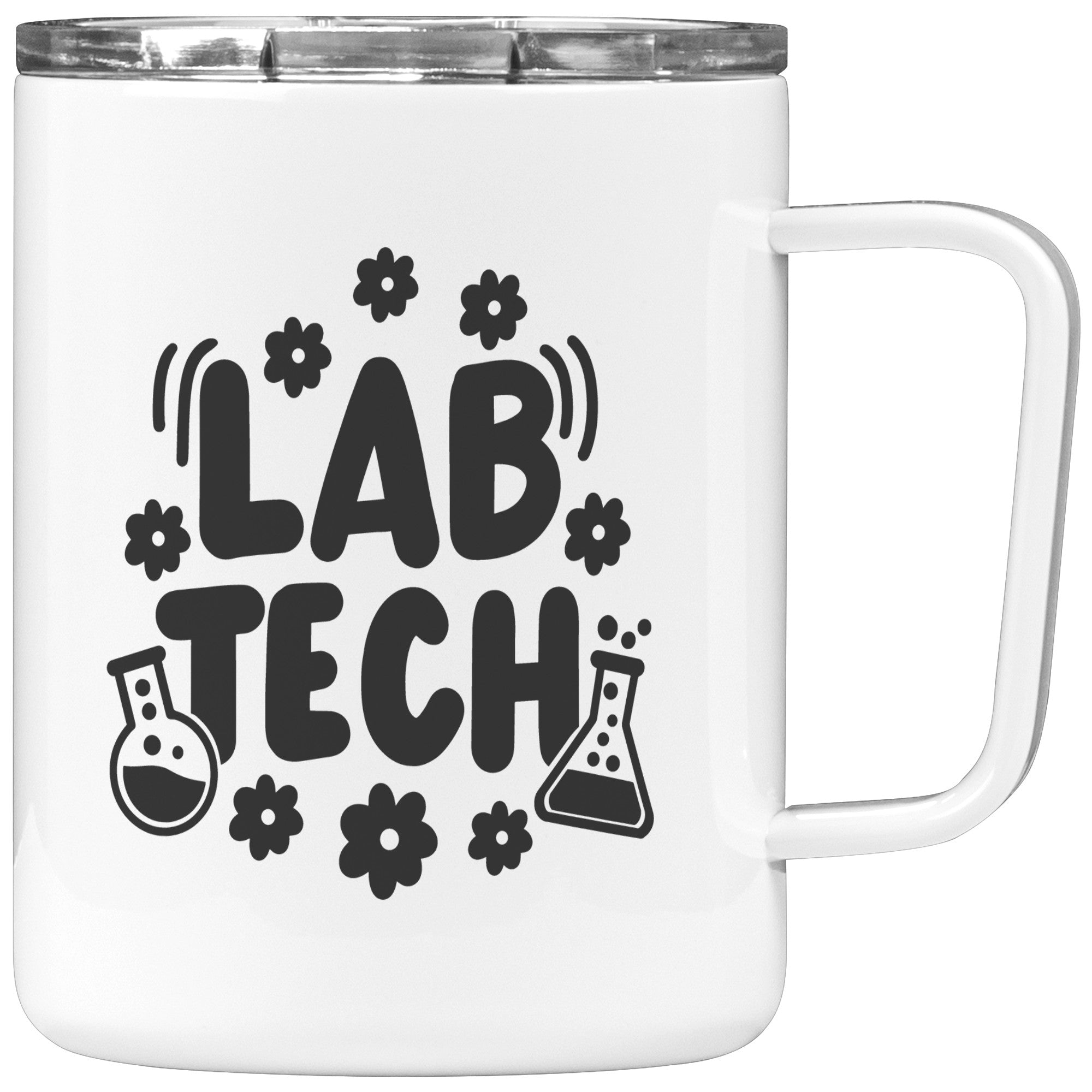 10 oz Insulated Coffee Mug with Daisies and Lab Vials - 'Lab Tech' - Perfect Gift for Laboratory Technicians and Flower Enthusiasts