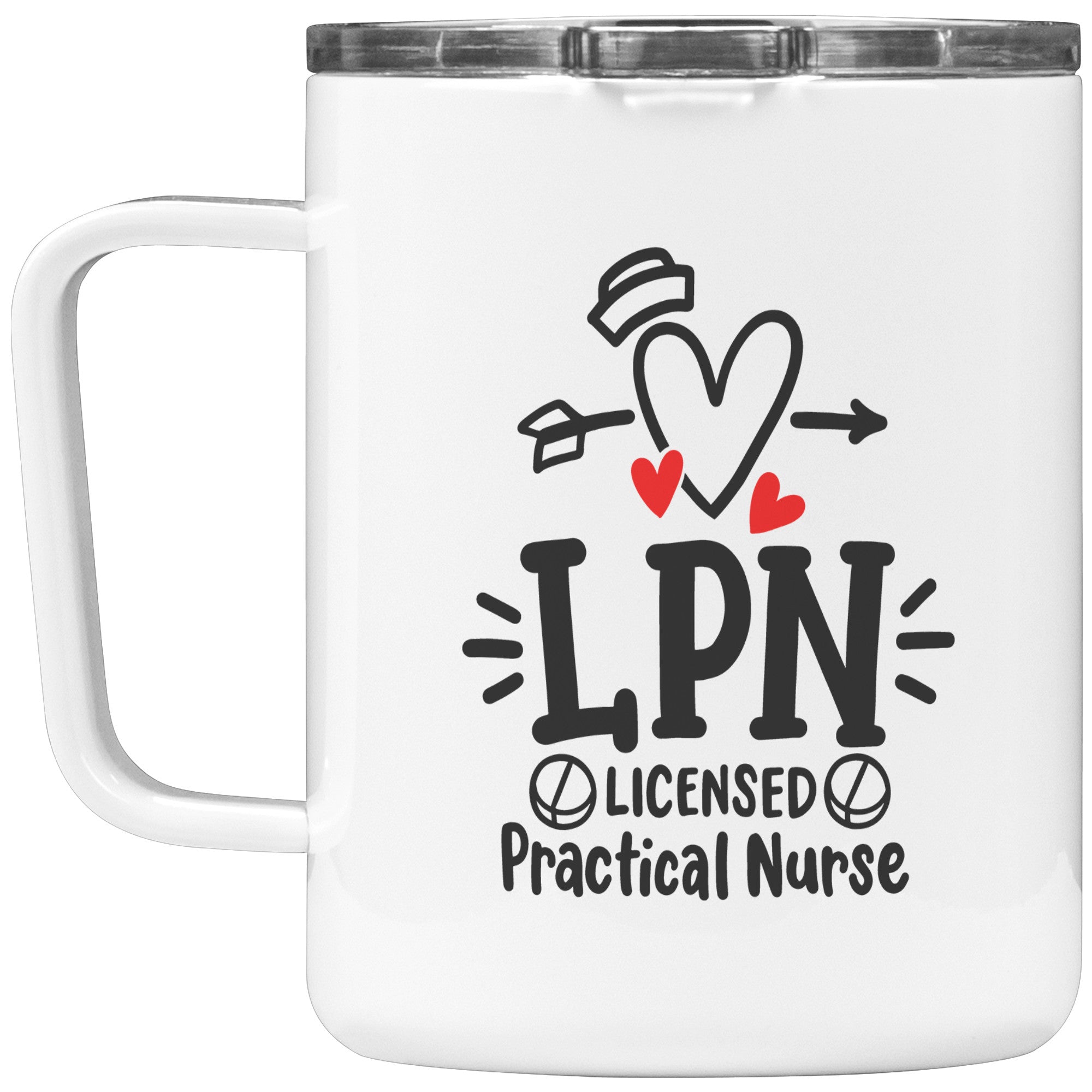 10 oz Insulated Coffee Mug with Heart, Nurse's Hat, and Pills Design - 'Licensed Practical Nurse' - Perfect for LPN Appreciation and Daily Use