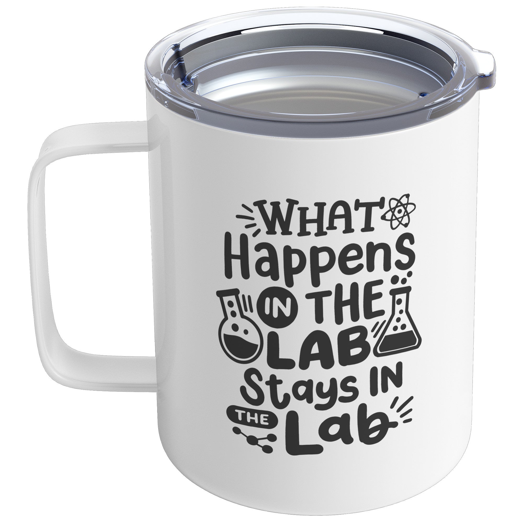 10 oz Insulated Coffee Mug with Lab Vials - 'What Happens in the Lab Stays in the Lab' - Perfect for Scientists and Lab Technicians