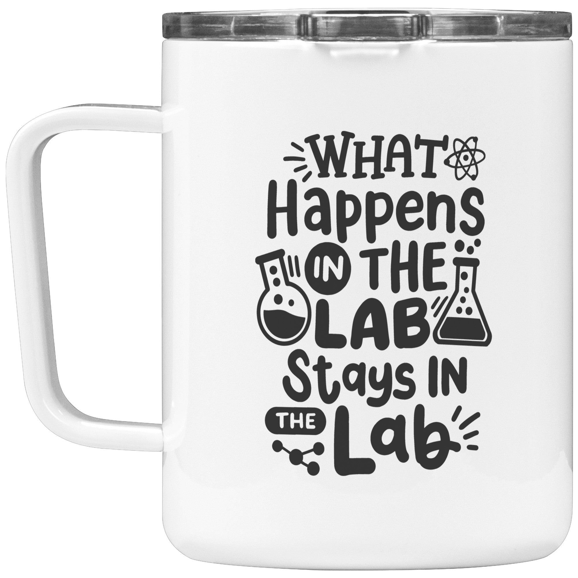 10 oz Insulated Coffee Mug with Lab Vials - 'What Happens in the Lab Stays in the Lab' - Perfect for Scientists and Lab Technicians