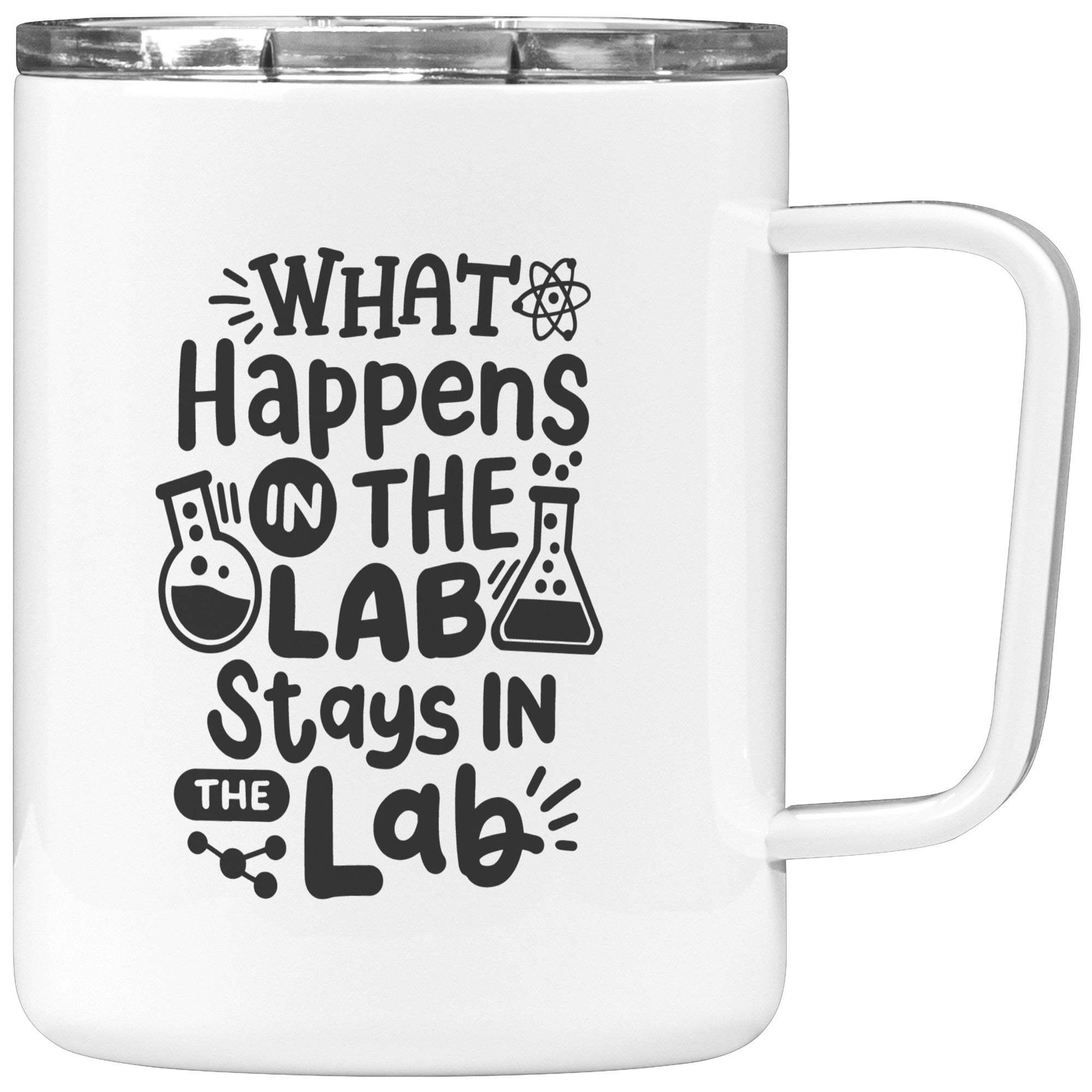 10 oz Insulated Coffee Mug with Lab Vials - 'What Happens in the Lab Stays in the Lab' - Perfect for Scientists and Lab Technicians
