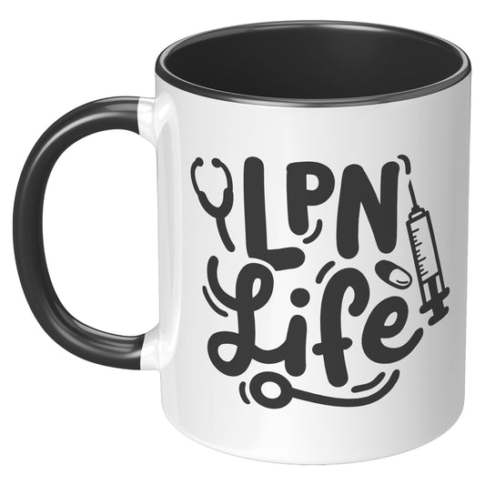 11 oz Accent Mug 'LPN Life' with Needle, Pill, and Stethoscope Design - Perfect for Licensed Practical Nurses and Medical Staff