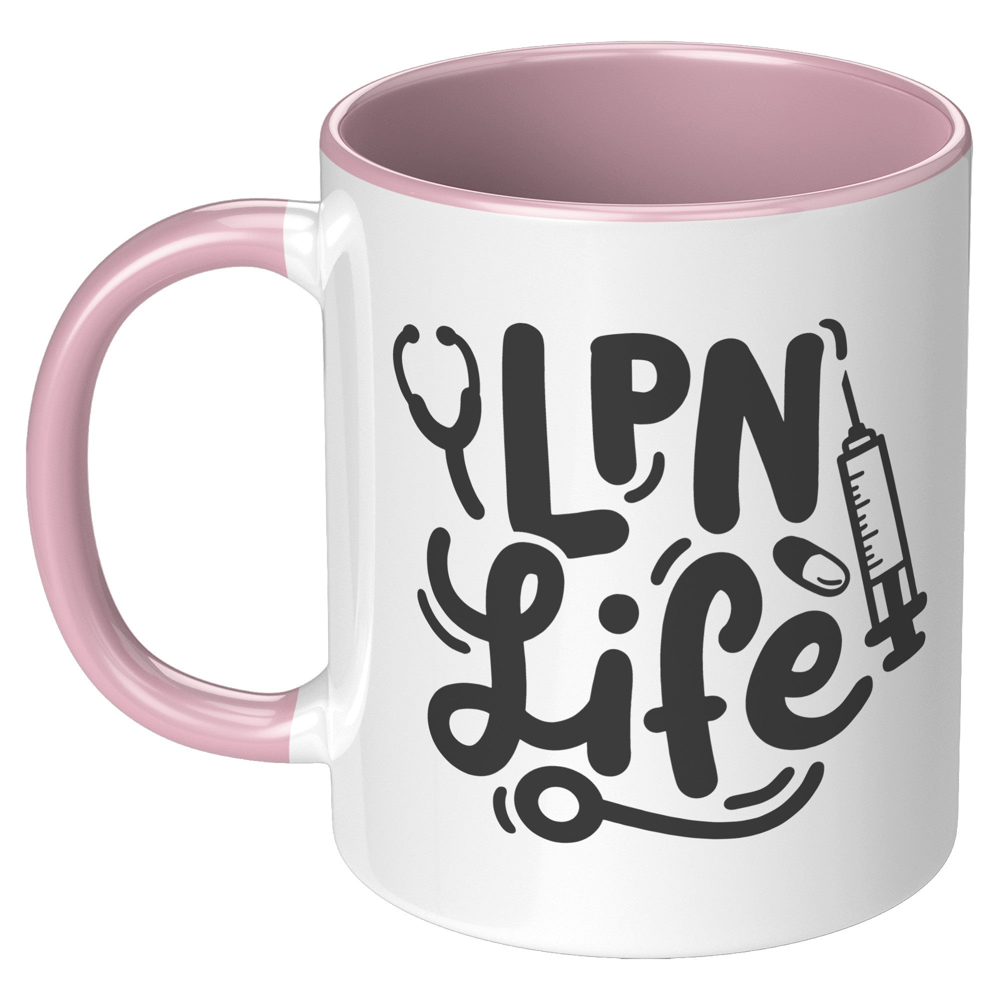 11 oz Accent Mug 'LPN Life' with Needle, Pill, and Stethoscope Design - Perfect for Licensed Practical Nurses and Medical Staff