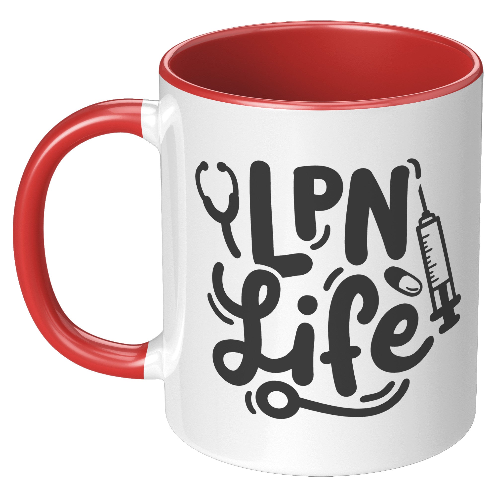 11 oz Accent Mug 'LPN Life' with Needle, Pill, and Stethoscope Design - Perfect for Licensed Practical Nurses and Medical Staff