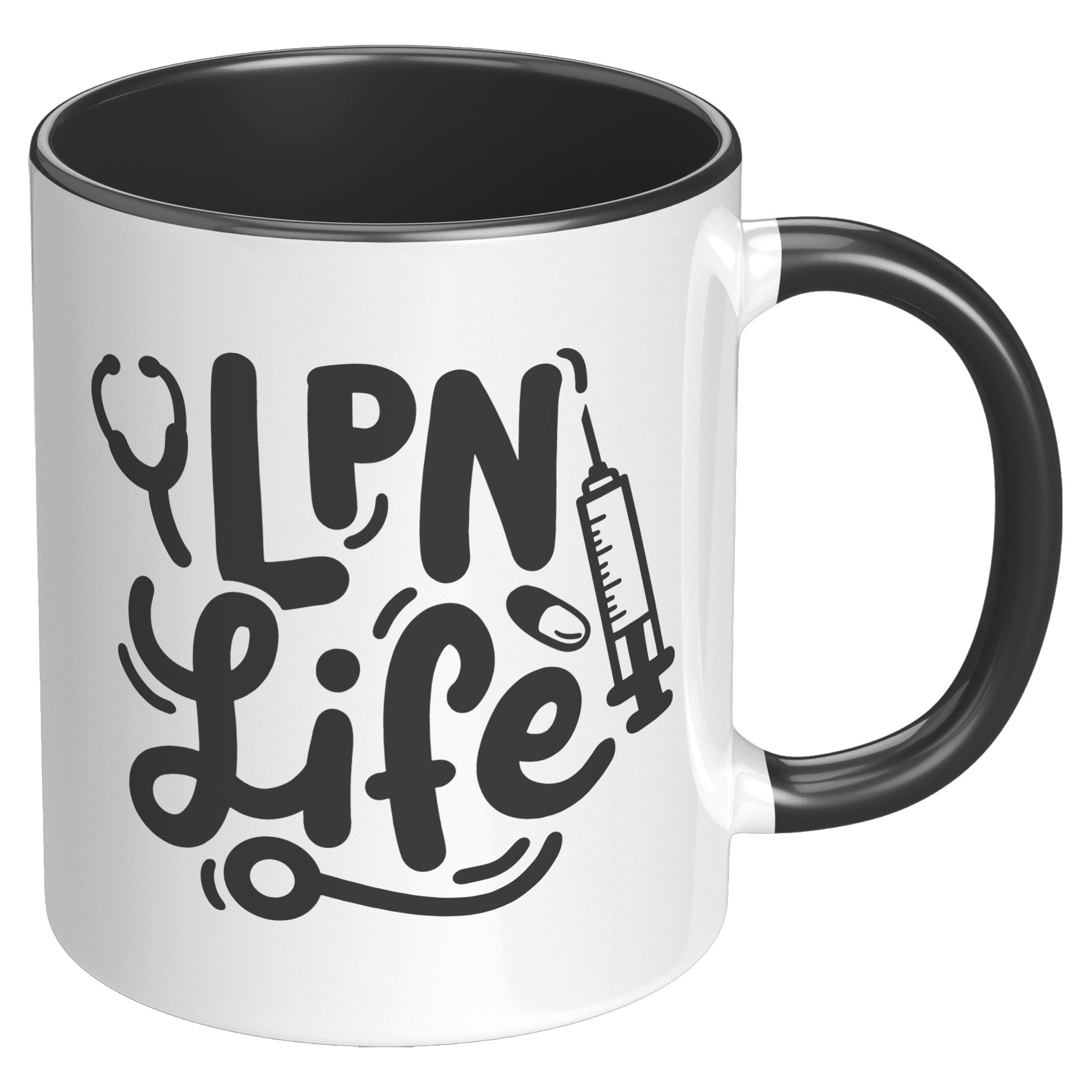 11 oz Accent Mug 'LPN Life' with Needle, Pill, and Stethoscope Design - Perfect for Licensed Practical Nurses and Medical Staff
