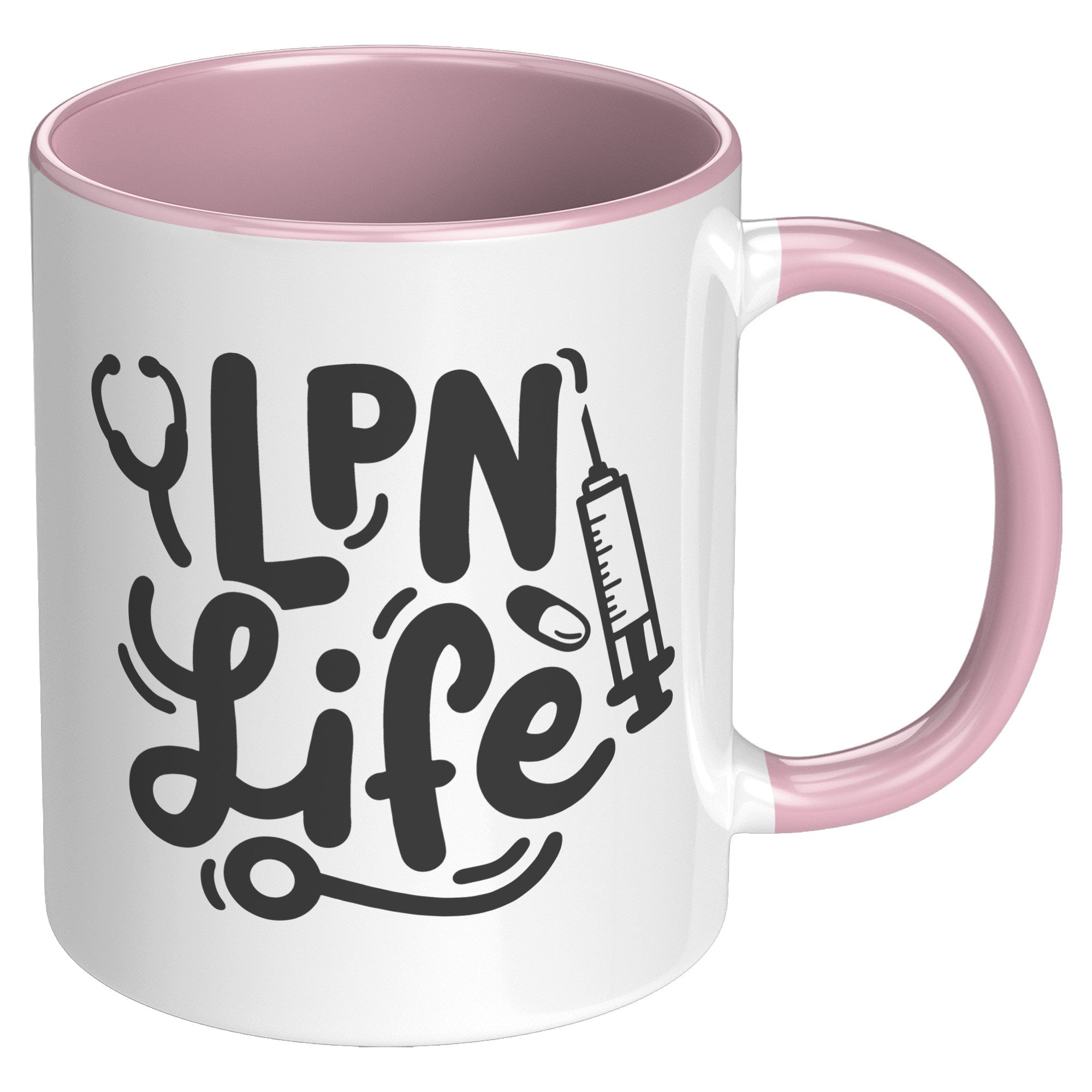 11 oz Accent Mug 'LPN Life' with Needle, Pill, and Stethoscope Design - Perfect for Licensed Practical Nurses and Medical Staff