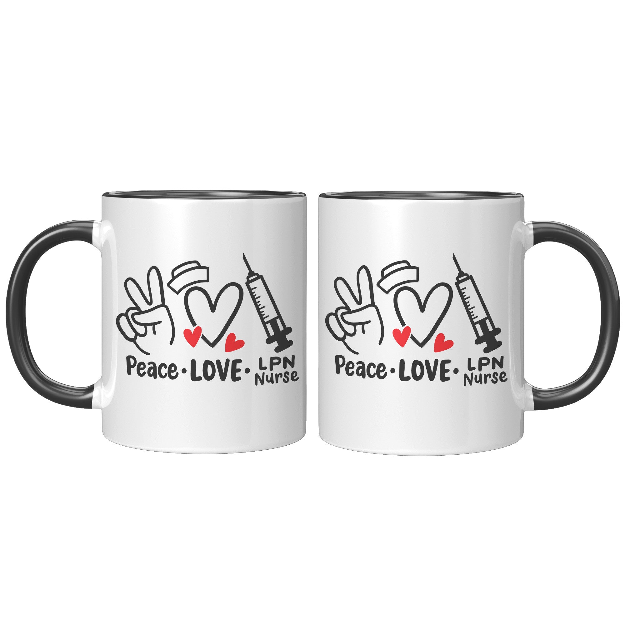 11 oz Accent Mug 'Peace Love LPN Nurse' with Peace Sign, Heart, and Needle Images - A Heartfelt Gift for Nurses and LPNs