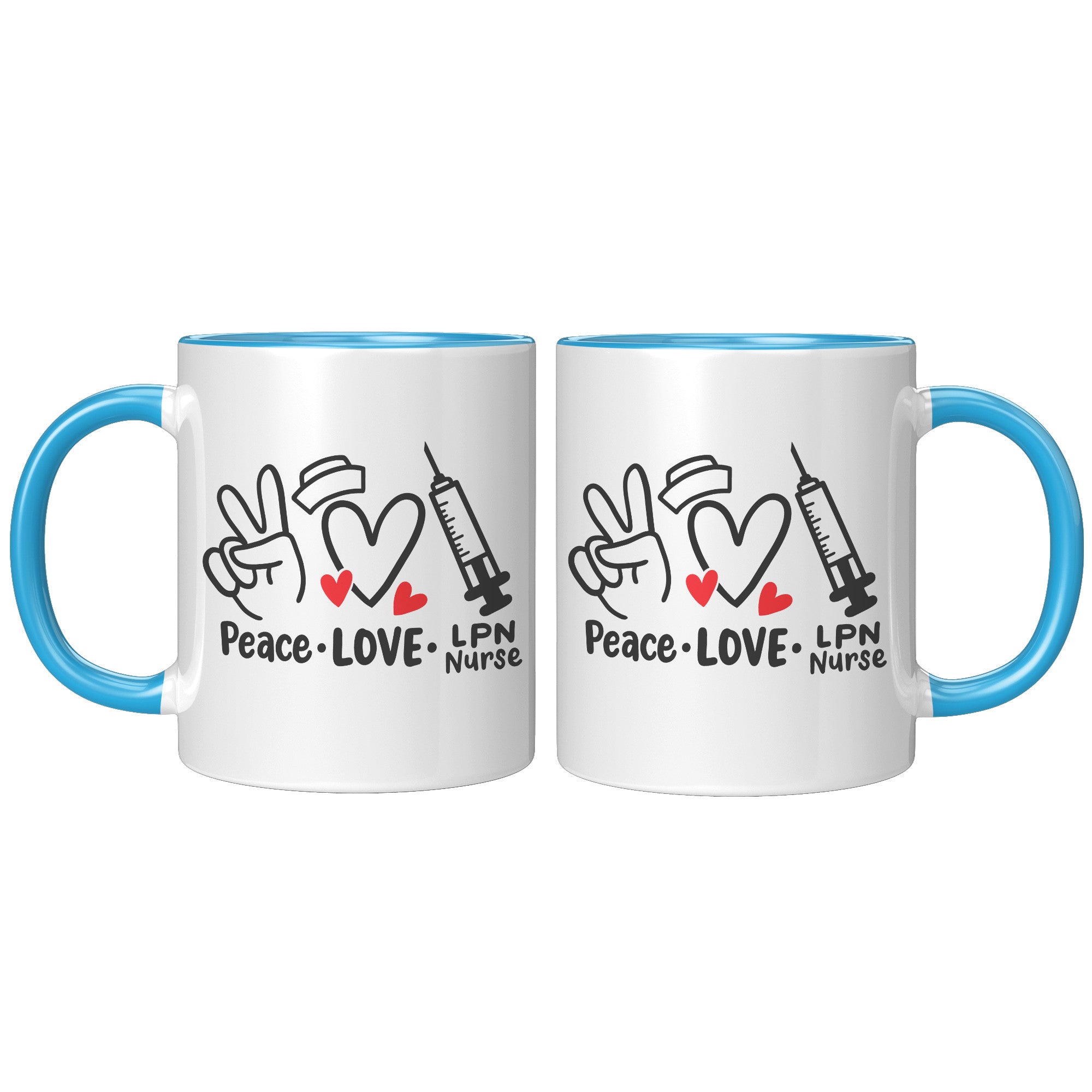 11 oz Accent Mug 'Peace Love LPN Nurse' with Peace Sign, Heart, and Needle Images - A Heartfelt Gift for Nurses and LPNs