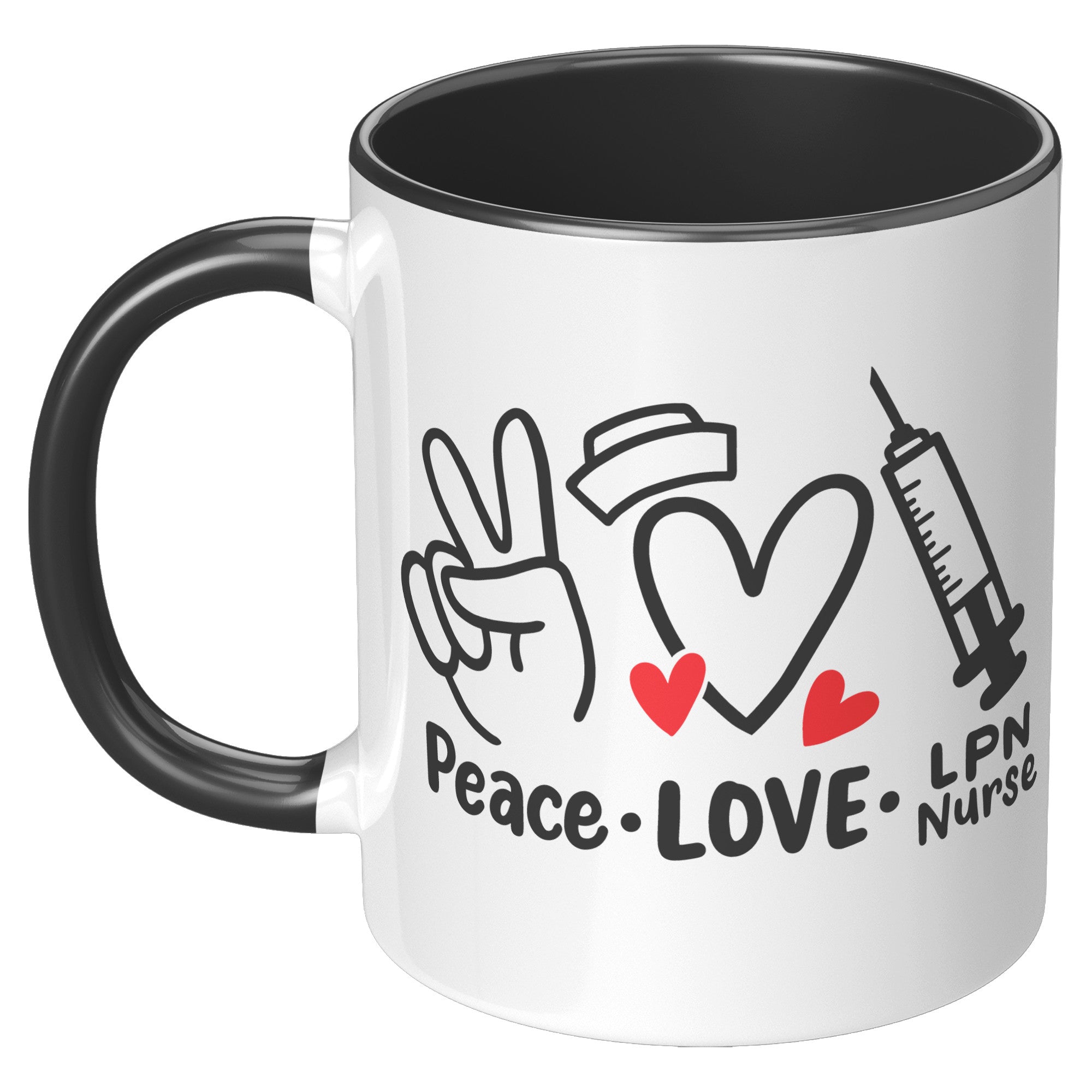 11 oz Accent Mug 'Peace Love LPN Nurse' with Peace Sign, Heart, and Needle Images - A Heartfelt Gift for Nurses and LPNs