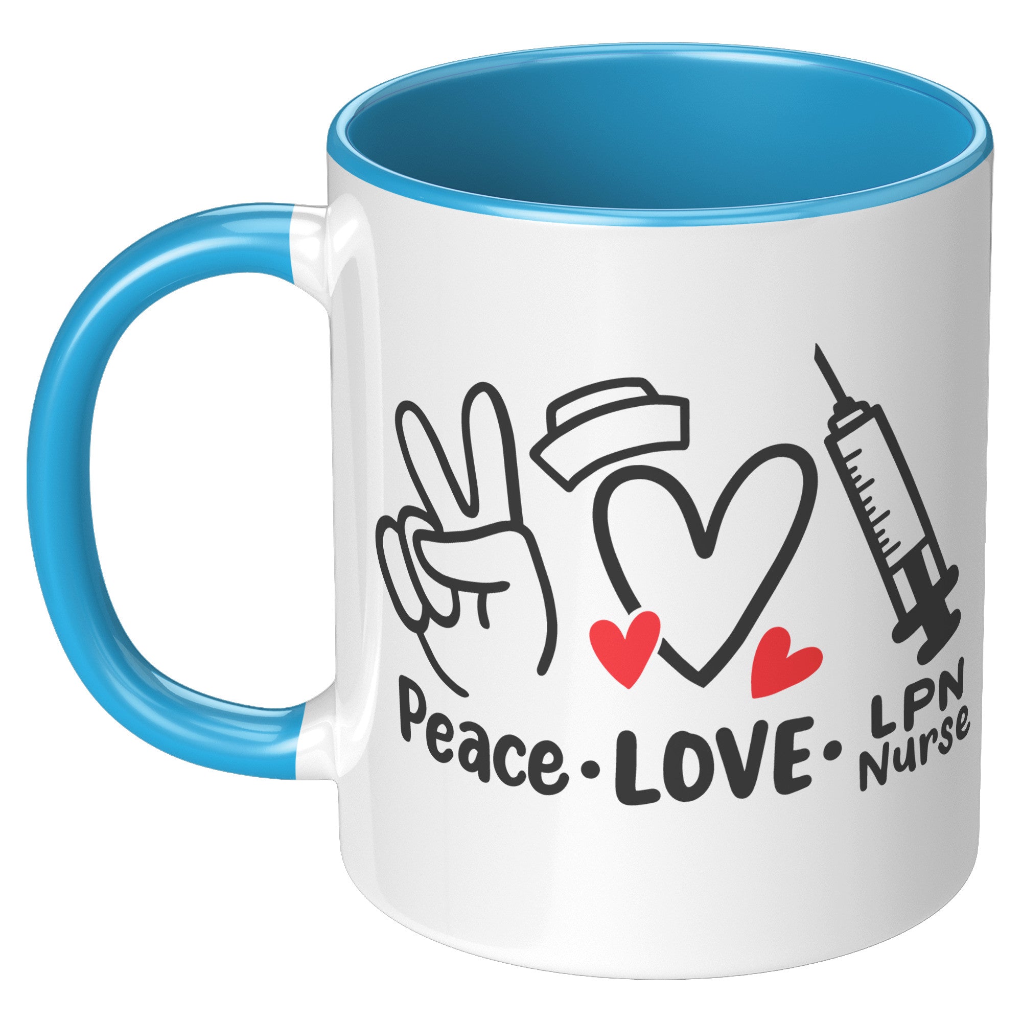 11 oz Accent Mug 'Peace Love LPN Nurse' with Peace Sign, Heart, and Needle Images - A Heartfelt Gift for Nurses and LPNs