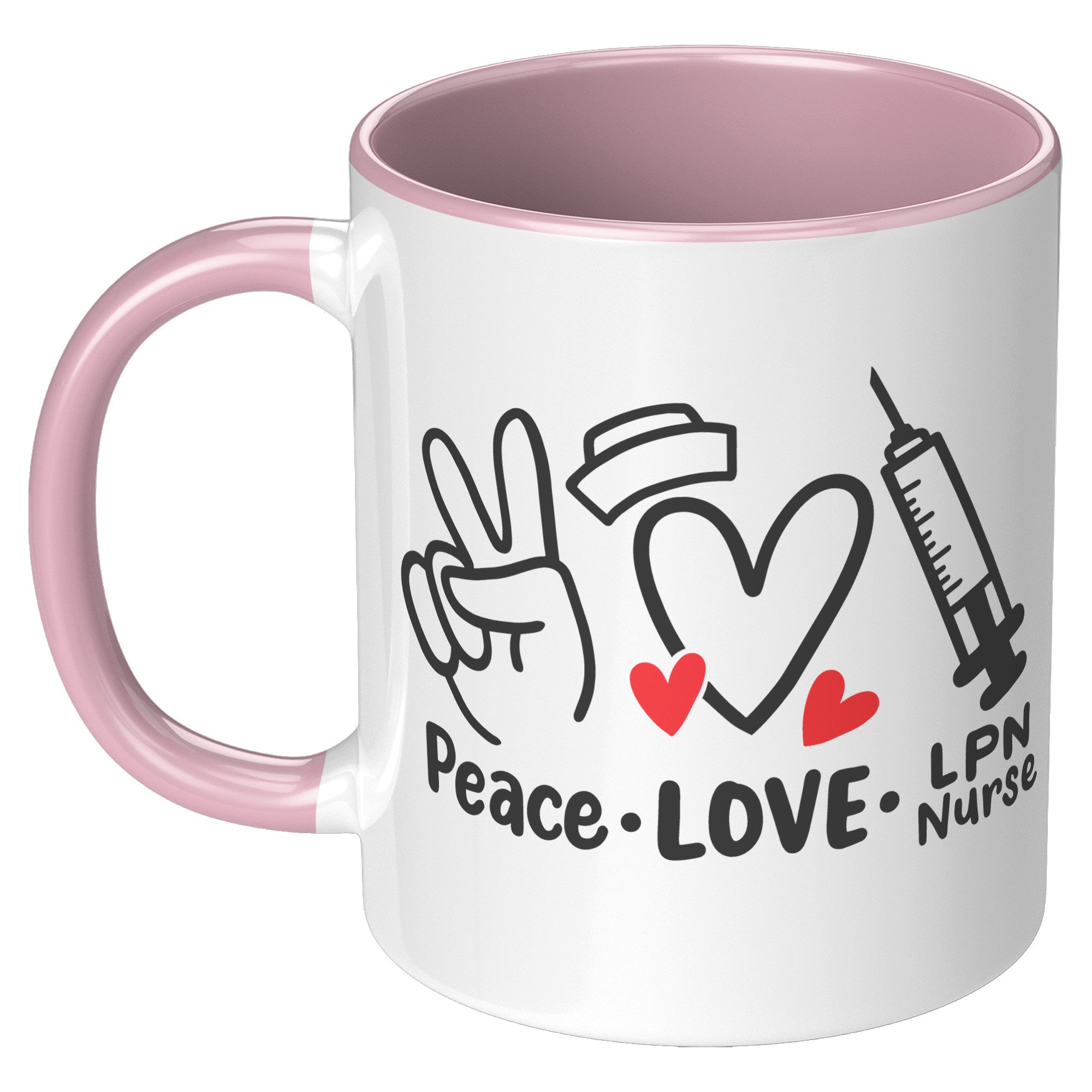 11 oz Accent Mug 'Peace Love LPN Nurse' with Peace Sign, Heart, and Needle Images - A Heartfelt Gift for Nurses and LPNs