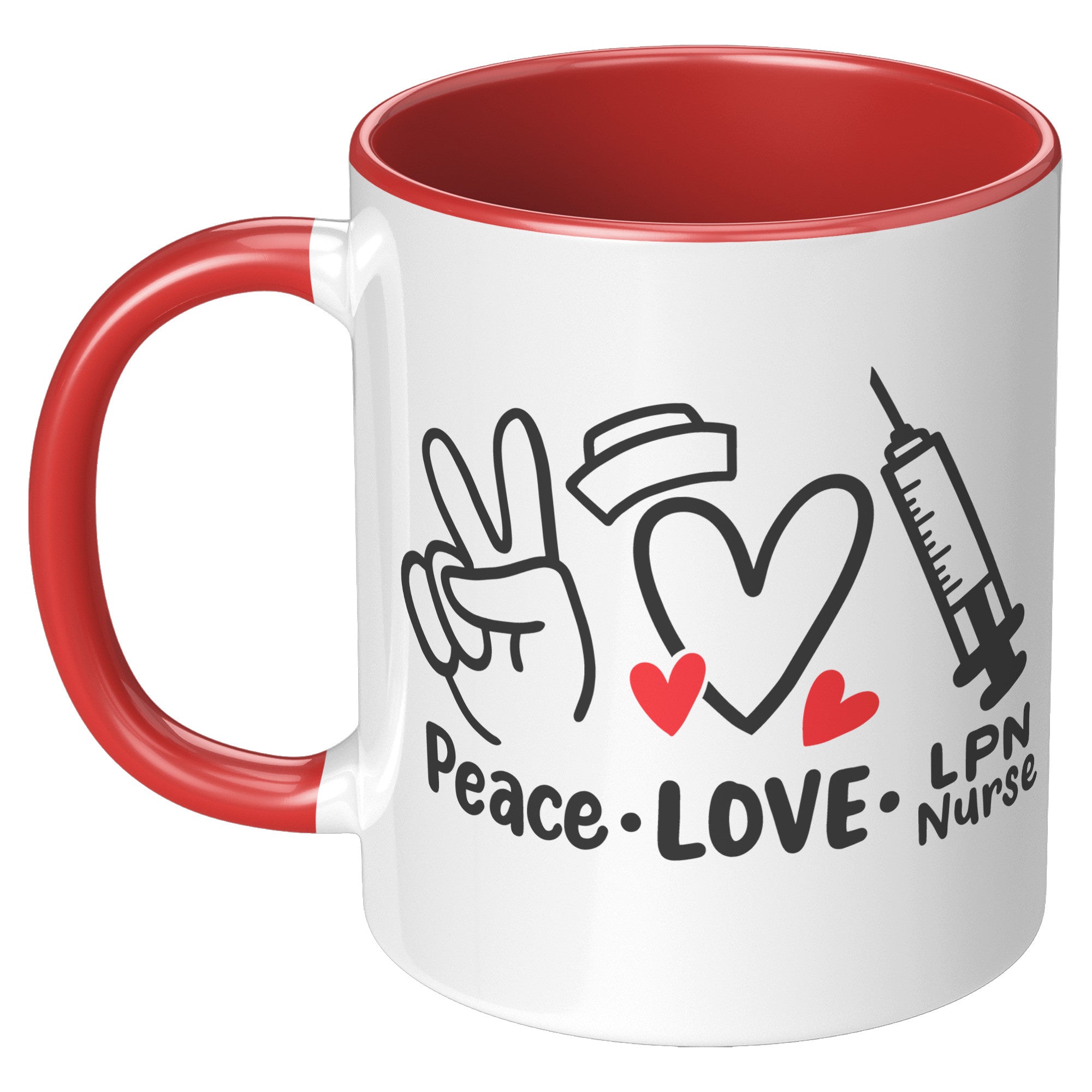 11 oz Accent Mug 'Peace Love LPN Nurse' with Peace Sign, Heart, and Needle Images - A Heartfelt Gift for Nurses and LPNs