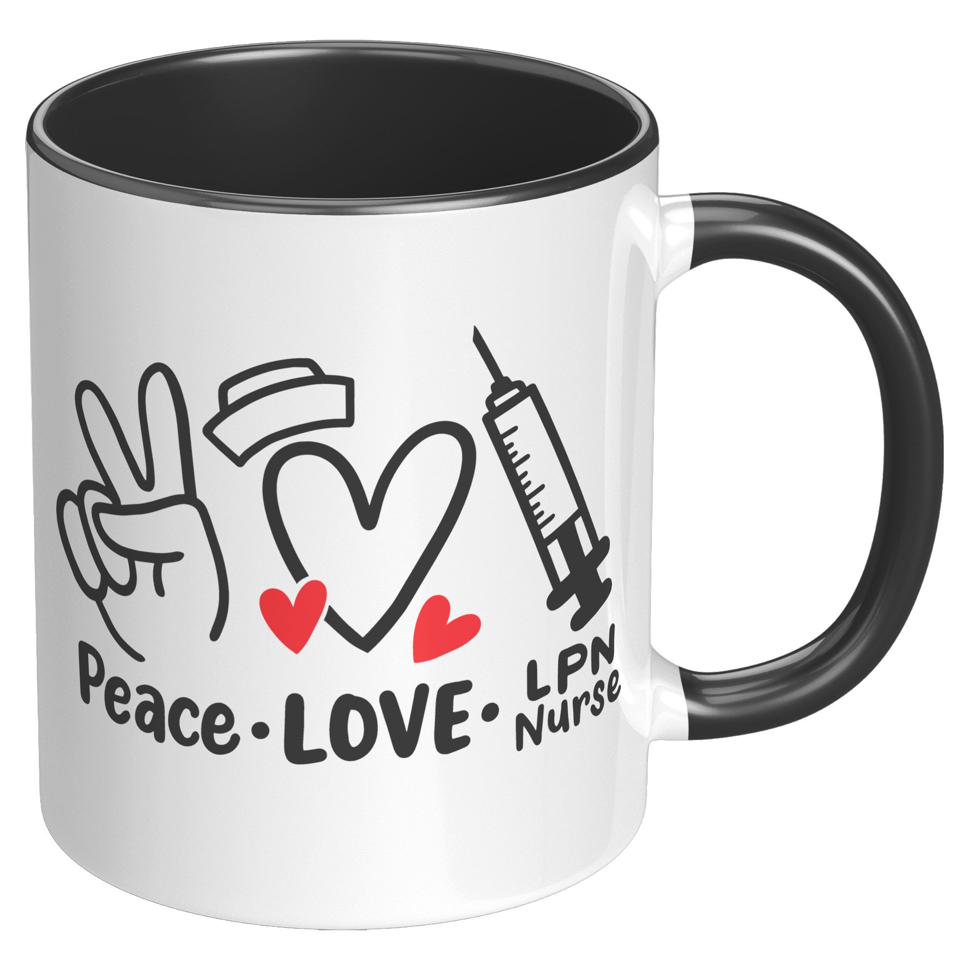 11 oz Accent Mug 'Peace Love LPN Nurse' with Peace Sign, Heart, and Needle Images - A Heartfelt Gift for Nurses and LPNs