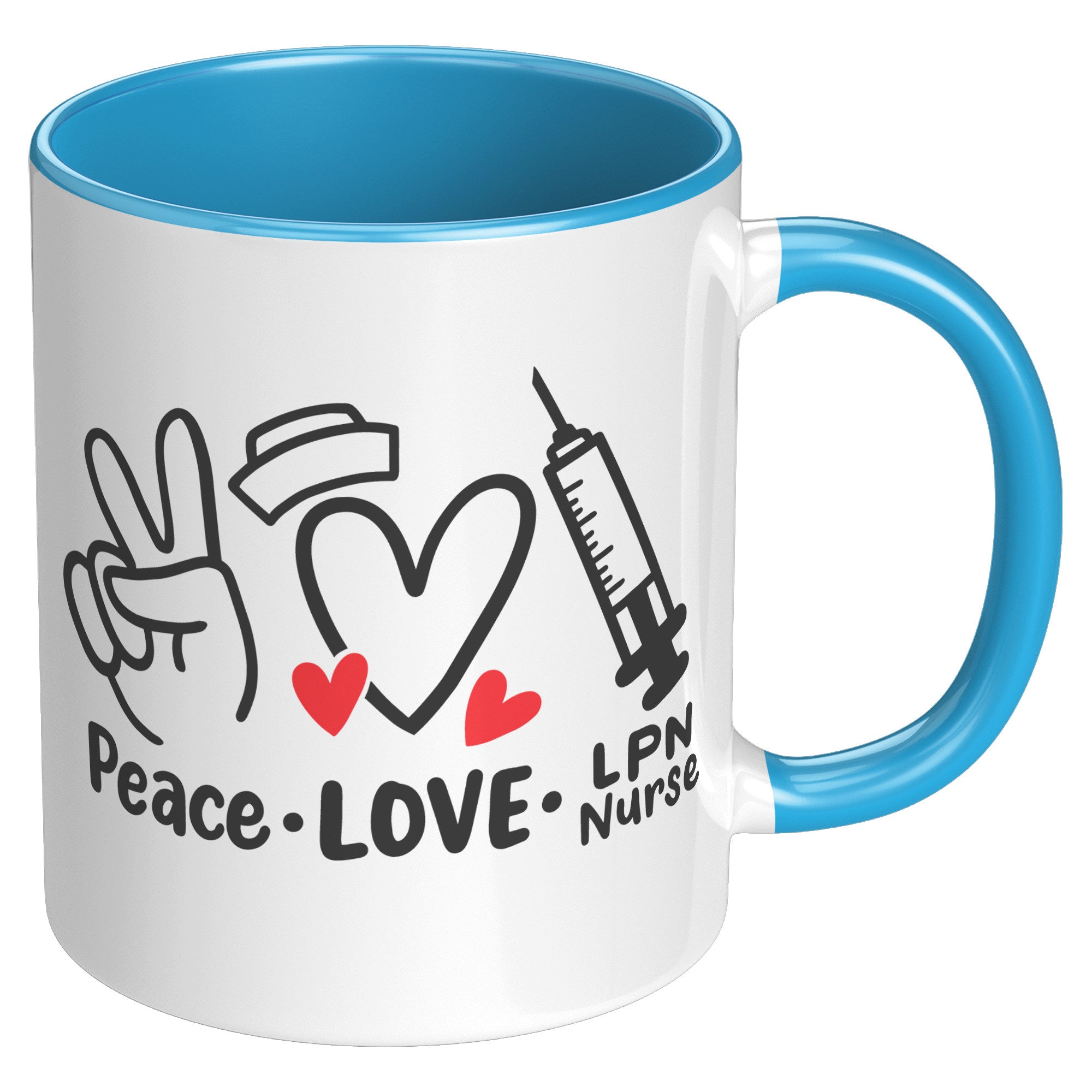 11 oz Accent Mug 'Peace Love LPN Nurse' with Peace Sign, Heart, and Needle Images - A Heartfelt Gift for Nurses and LPNs