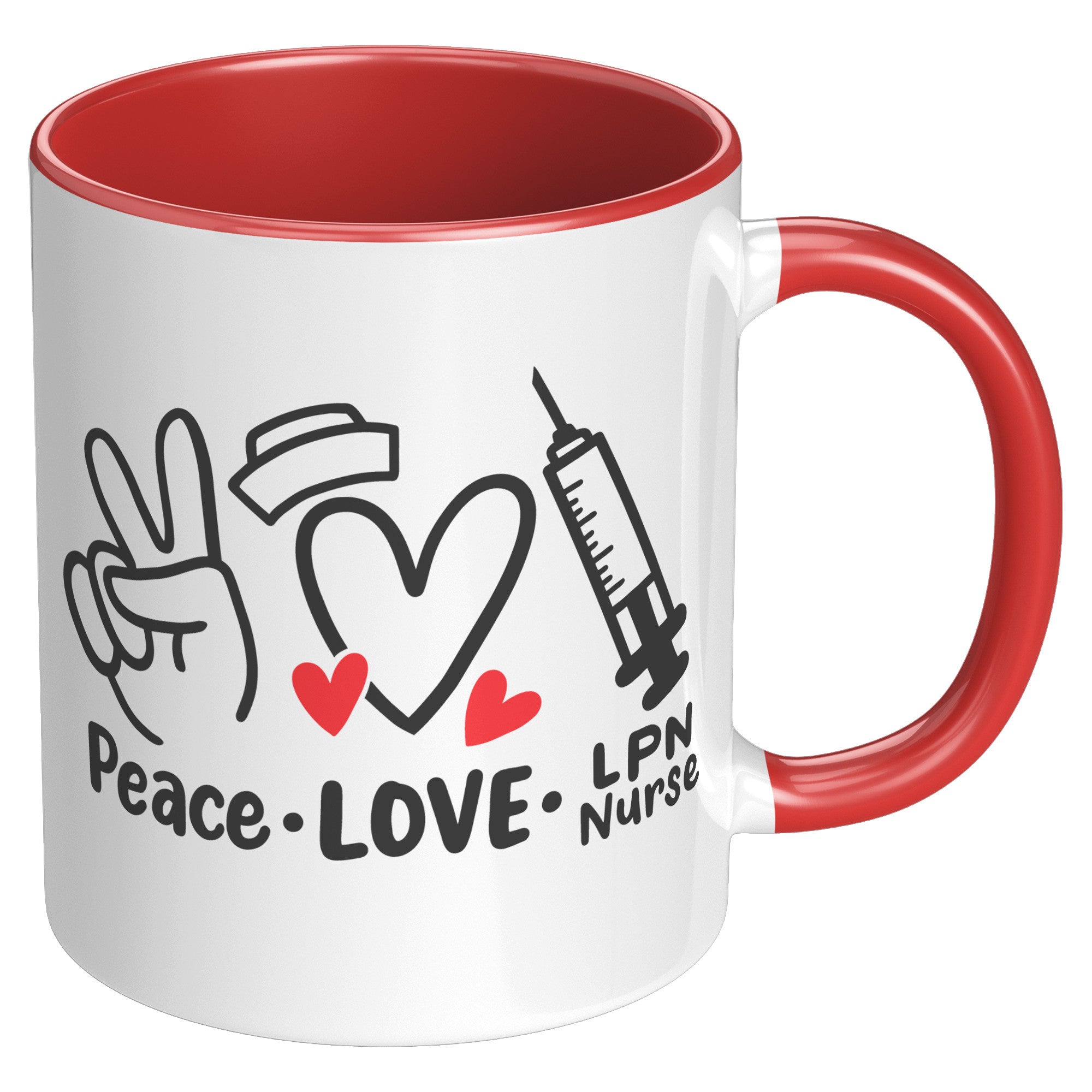 11 oz Accent Mug 'Peace Love LPN Nurse' with Peace Sign, Heart, and Needle Images - A Heartfelt Gift for Nurses and LPNs