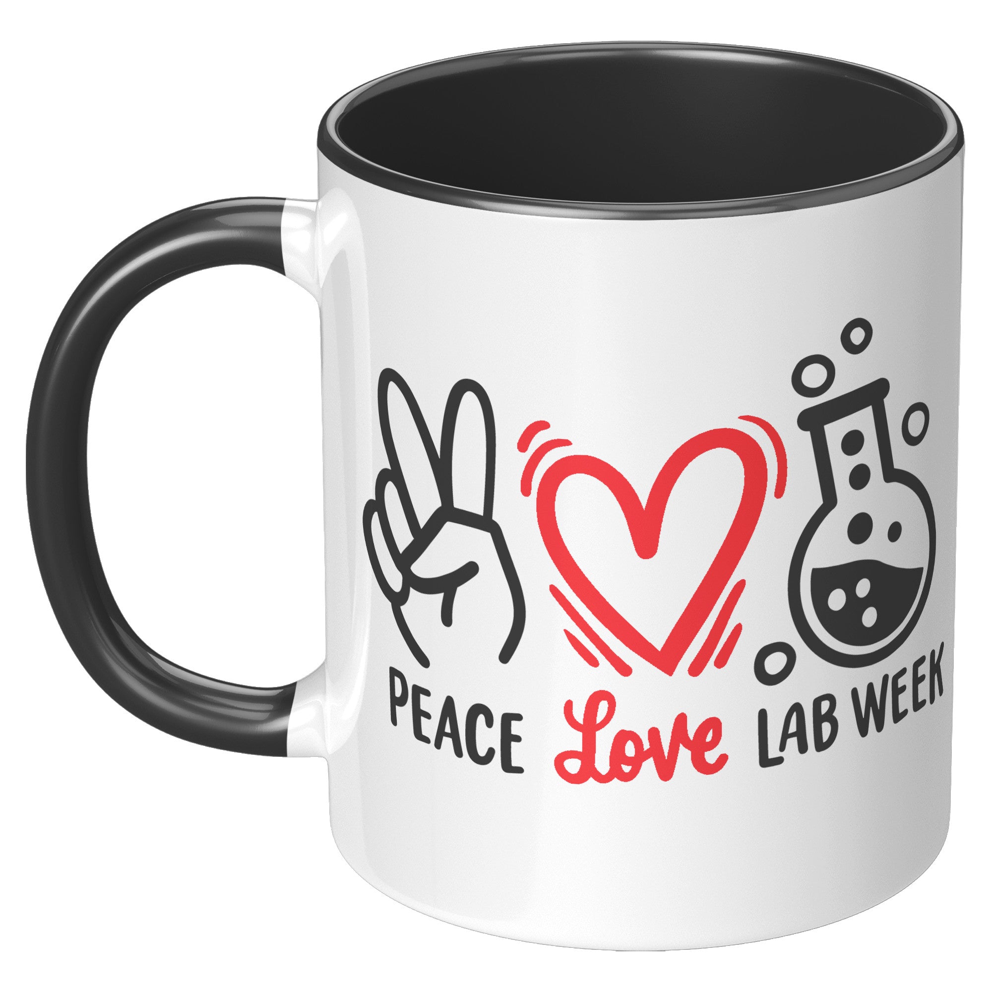 11 oz Accent Mug 'Peace Love Lab Week' with Peace Sign, Heart, and Lab Vial Design - Celebratory and Stylish for Laboratory Professionals