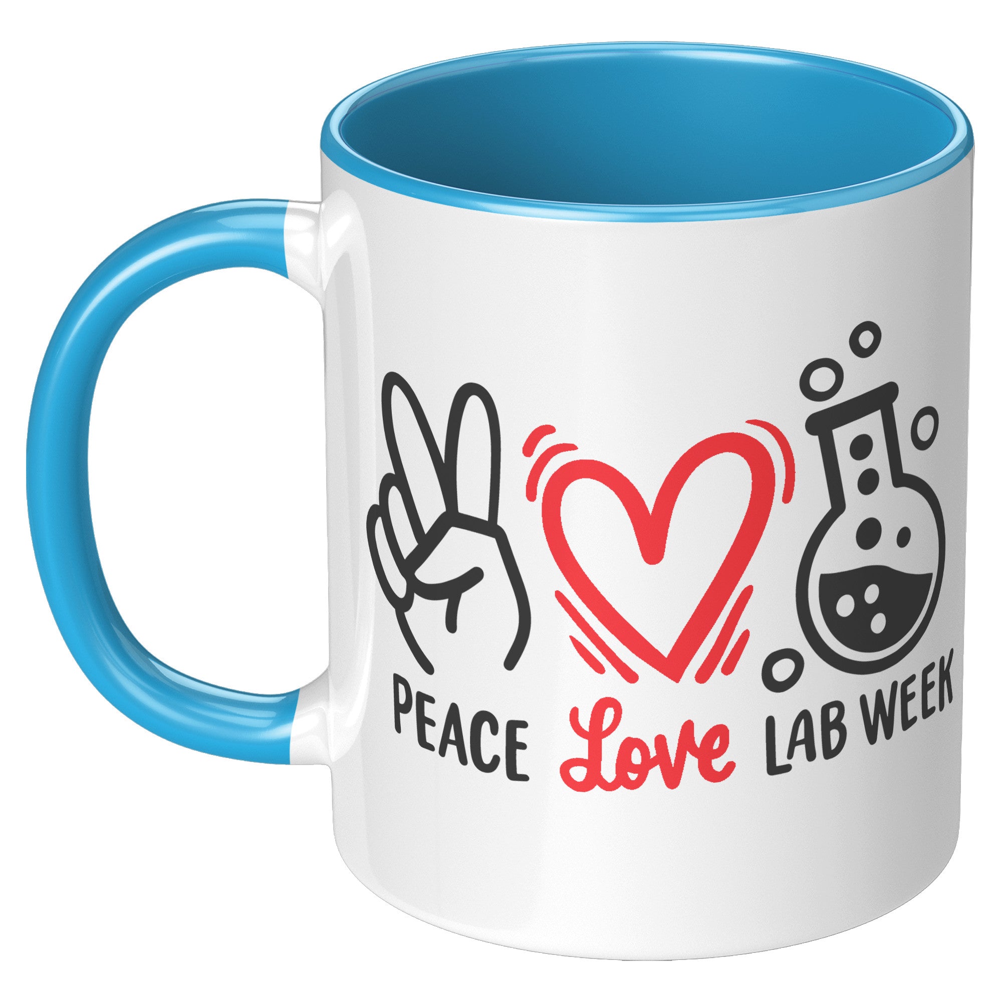 11 oz Accent Mug 'Peace Love Lab Week' with Peace Sign, Heart, and Lab Vial Design - Celebratory and Stylish for Laboratory Professionals