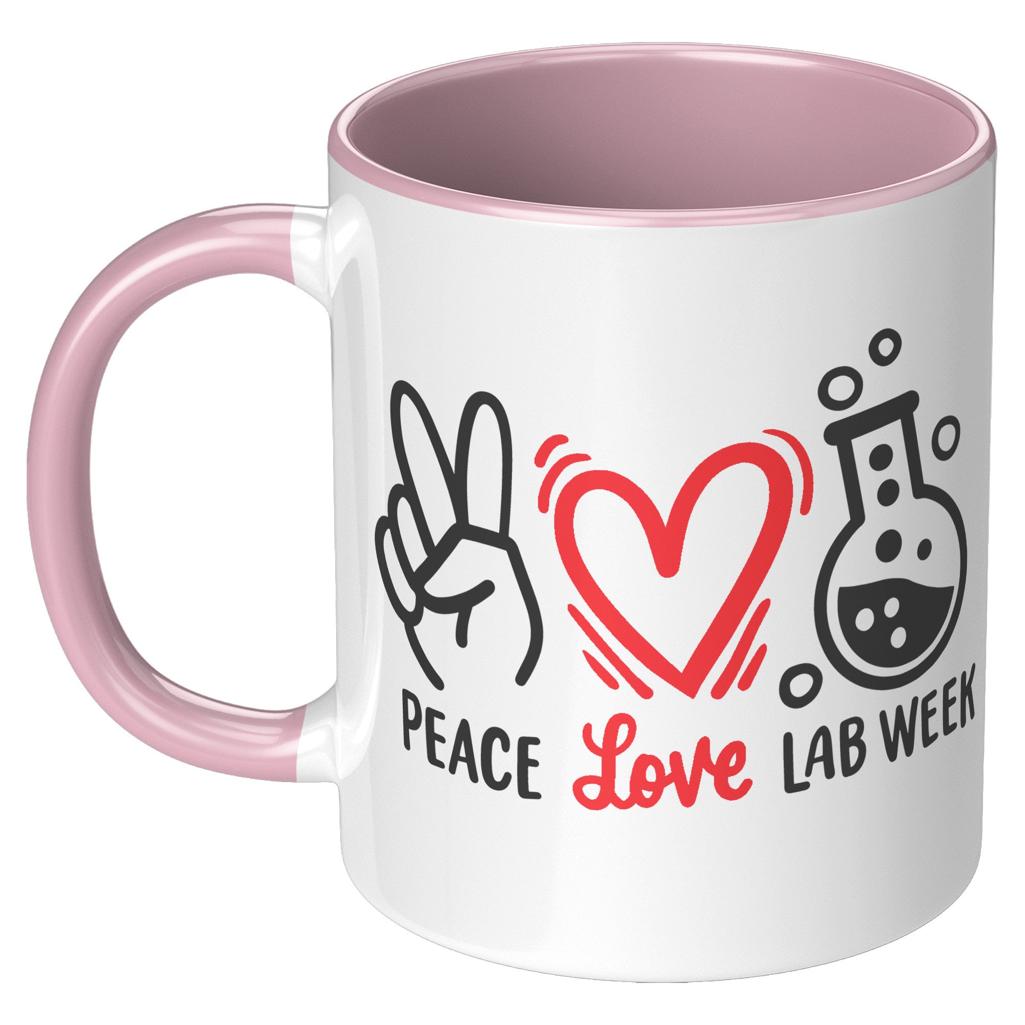 11 oz Accent Mug 'Peace Love Lab Week' with Peace Sign, Heart, and Lab Vial Design - Celebratory and Stylish for Laboratory Professionals