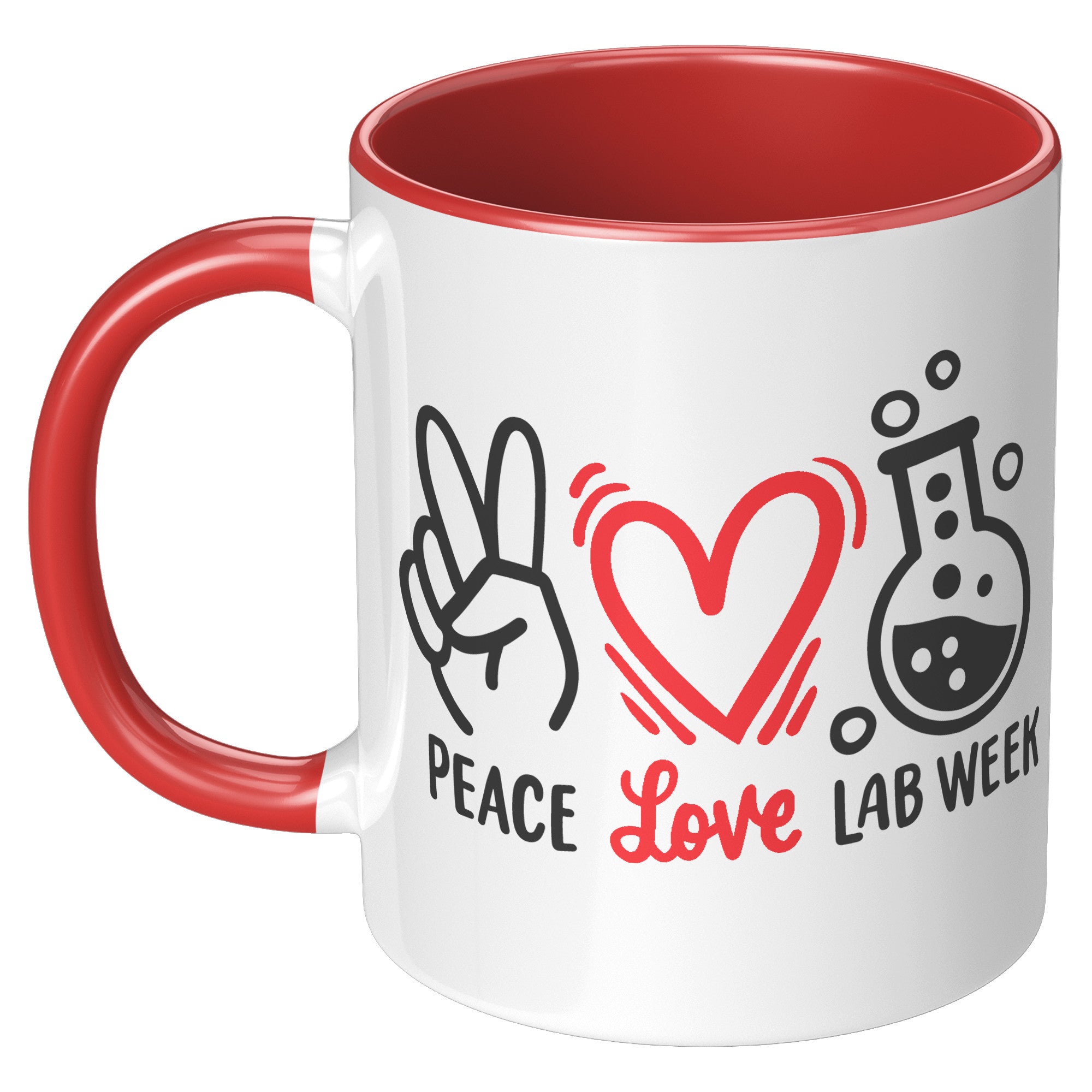 11 oz Accent Mug 'Peace Love Lab Week' with Peace Sign, Heart, and Lab Vial Design - Celebratory and Stylish for Laboratory Professionals