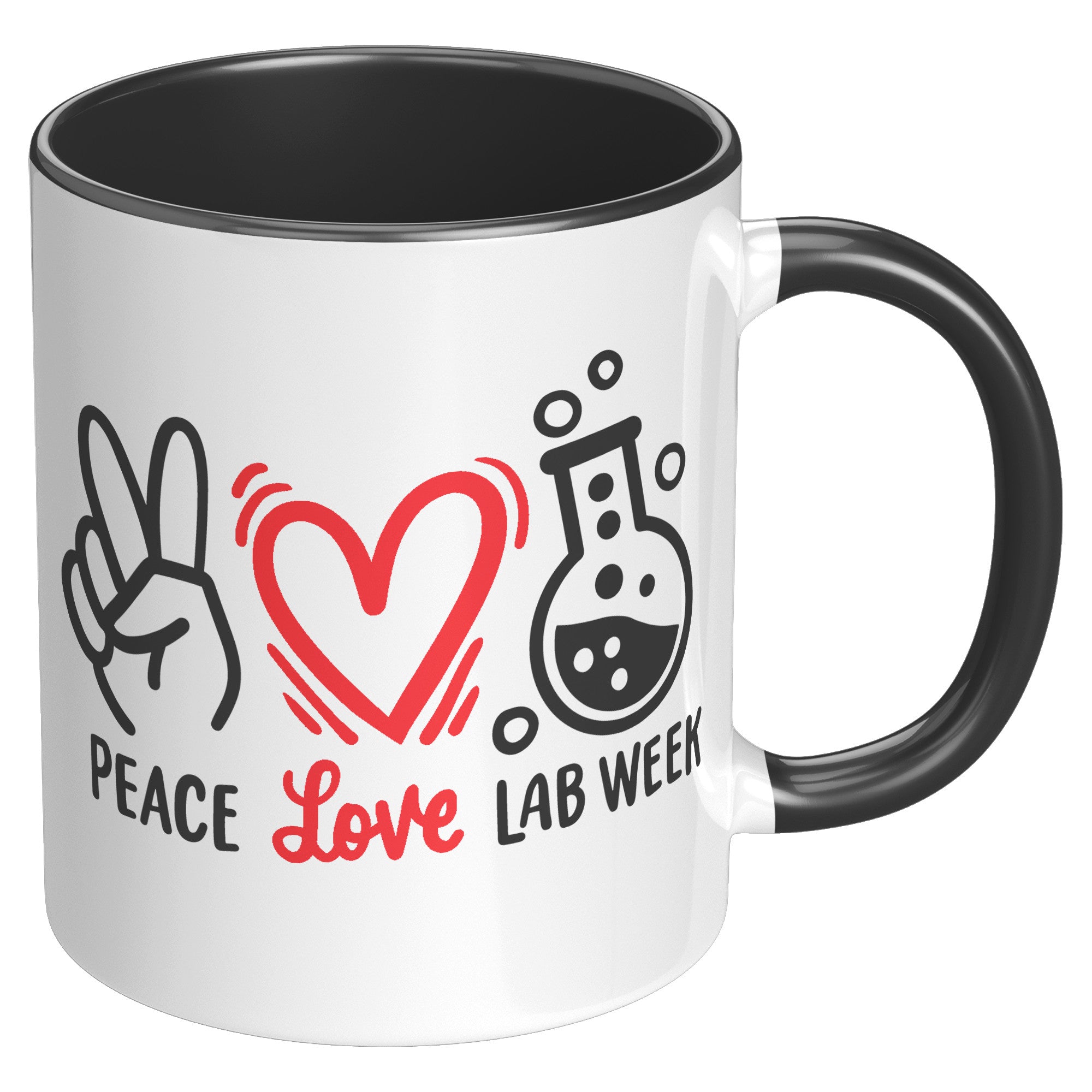 11 oz Accent Mug 'Peace Love Lab Week' with Peace Sign, Heart, and Lab Vial Design - Celebratory and Stylish for Laboratory Professionals