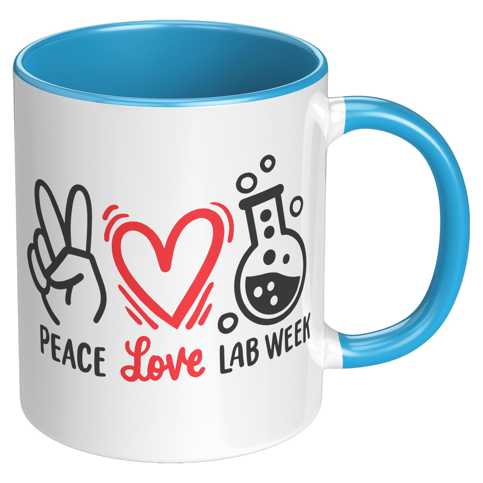11 oz Accent Mug 'Peace Love Lab Week' with Peace Sign, Heart, and Lab Vial Design - Celebratory and Stylish for Laboratory Professionals