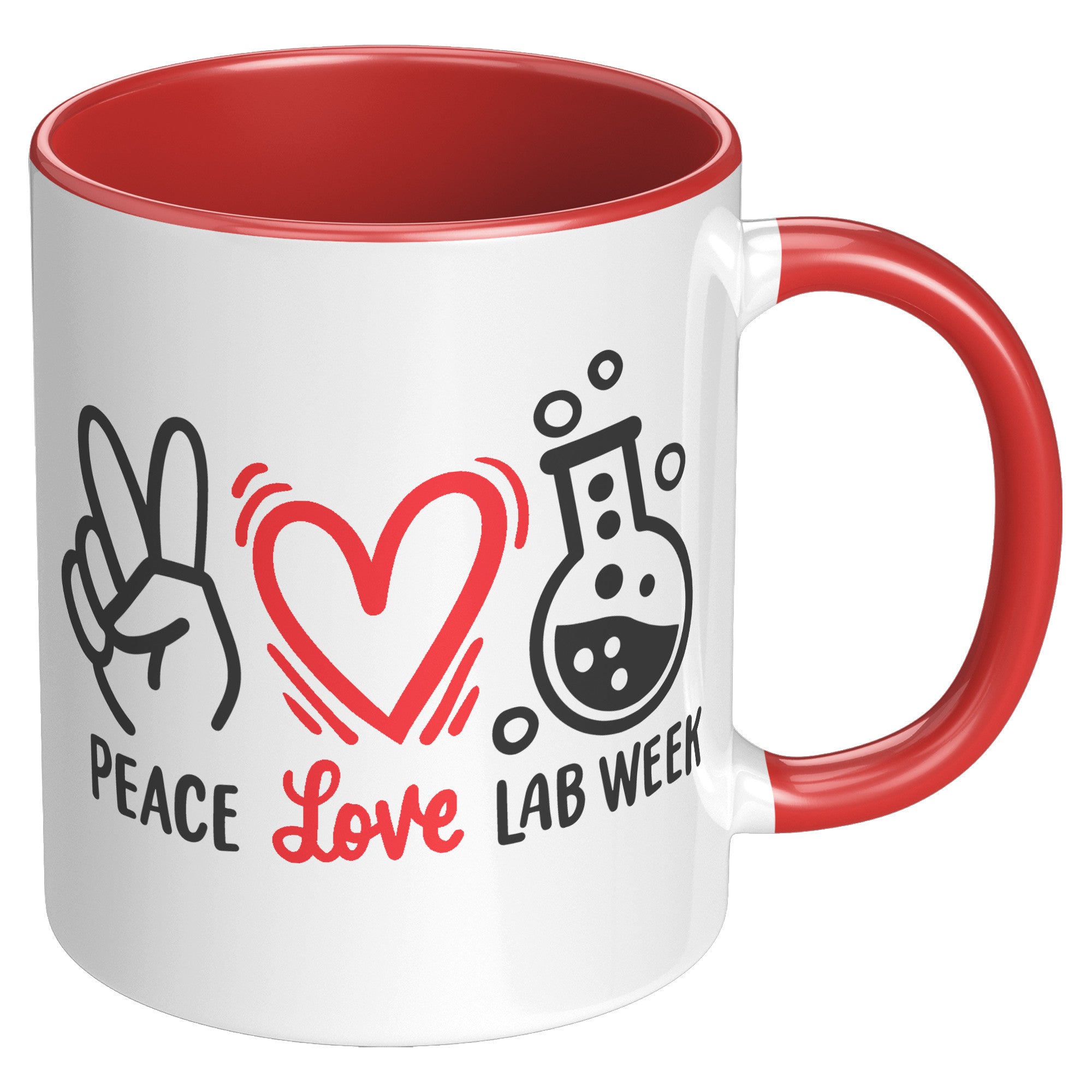 11 oz Accent Mug 'Peace Love Lab Week' with Peace Sign, Heart, and Lab Vial Design - Celebratory and Stylish for Laboratory Professionals