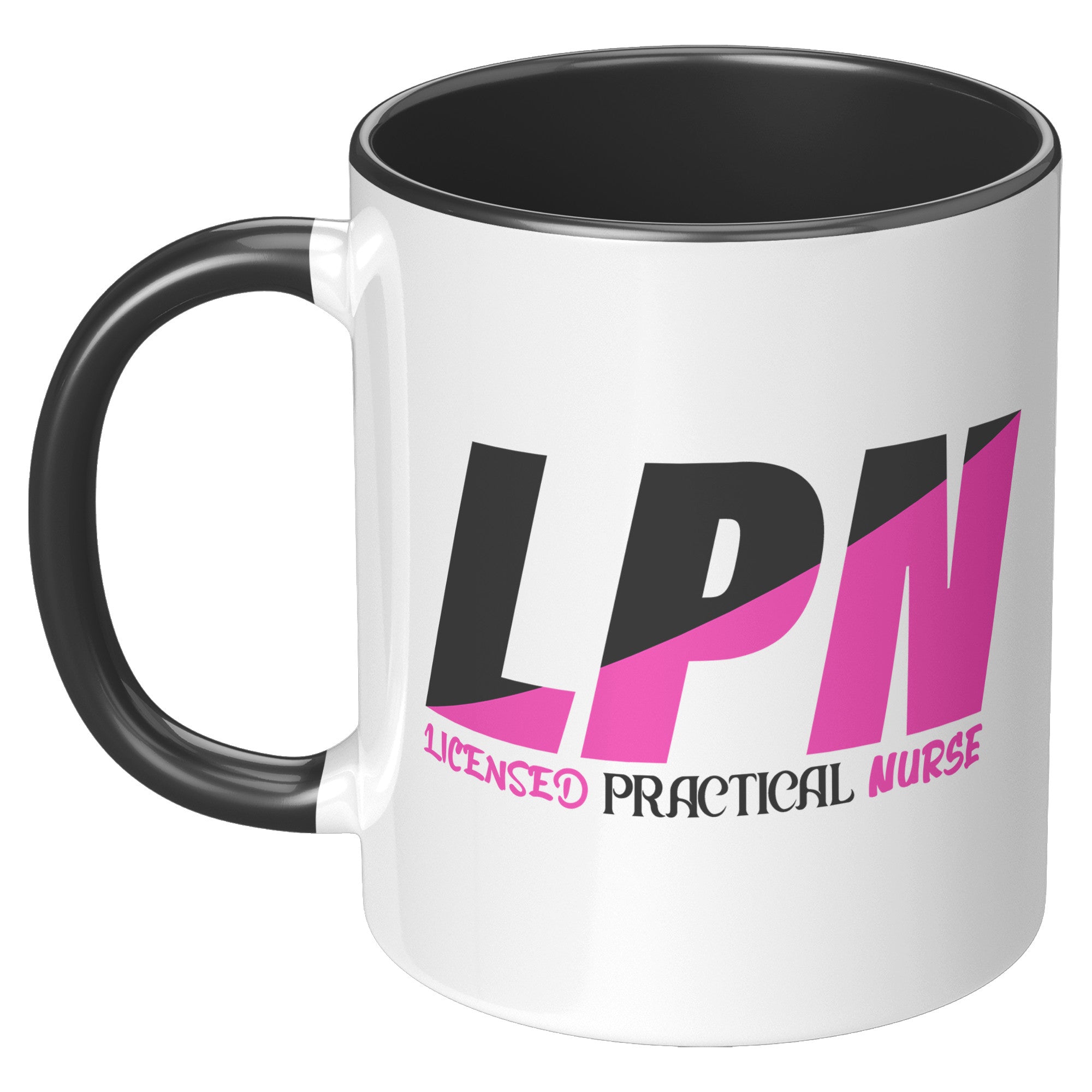 11 oz Accent Mug for Licensed Practical Nurses - Stylish Black and Fuschia Color Block with 'Licensed Practical Nurse' Text