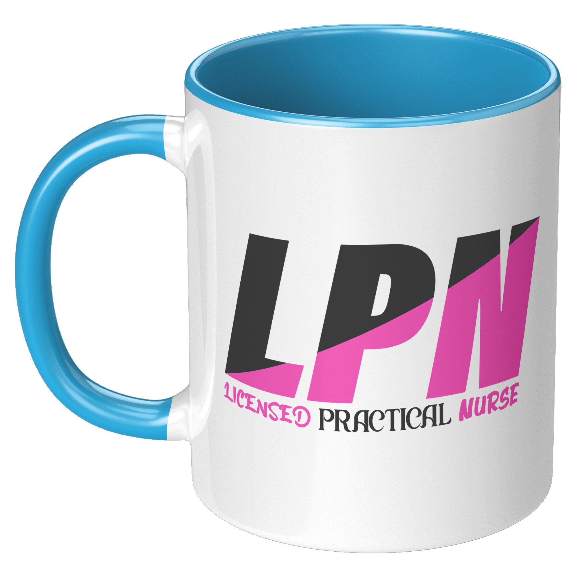11 oz Accent Mug for Licensed Practical Nurses - Stylish Black and Fuschia Color Block with 'Licensed Practical Nurse' Text