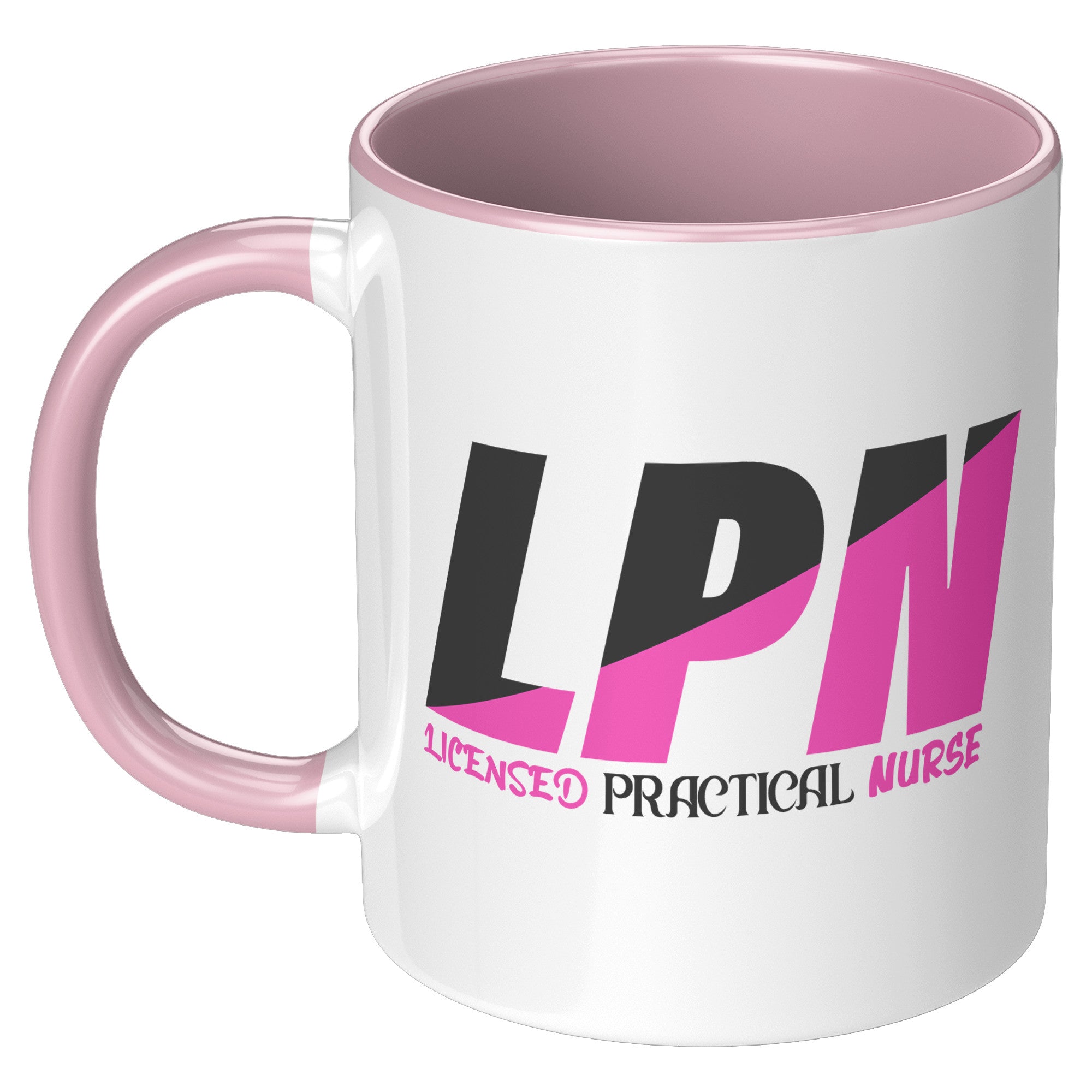 11 oz Accent Mug for Licensed Practical Nurses - Stylish Black and Fuschia Color Block with 'Licensed Practical Nurse' Text