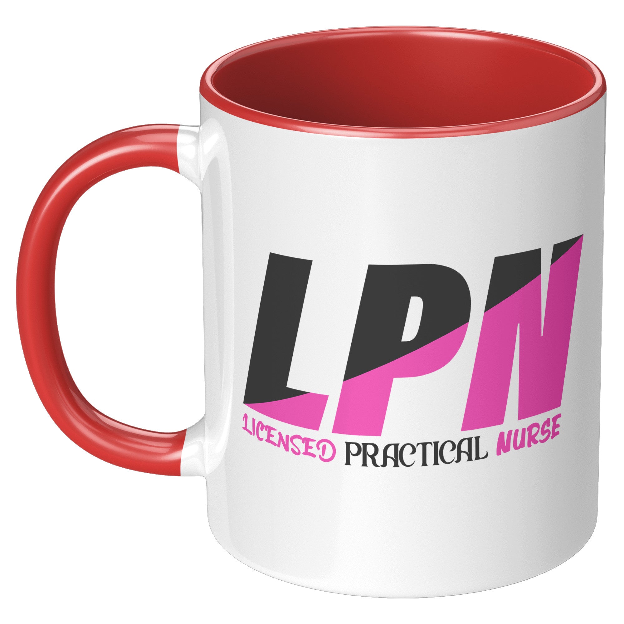 11 oz Accent Mug for Licensed Practical Nurses - Stylish Black and Fuschia Color Block with 'Licensed Practical Nurse' Text