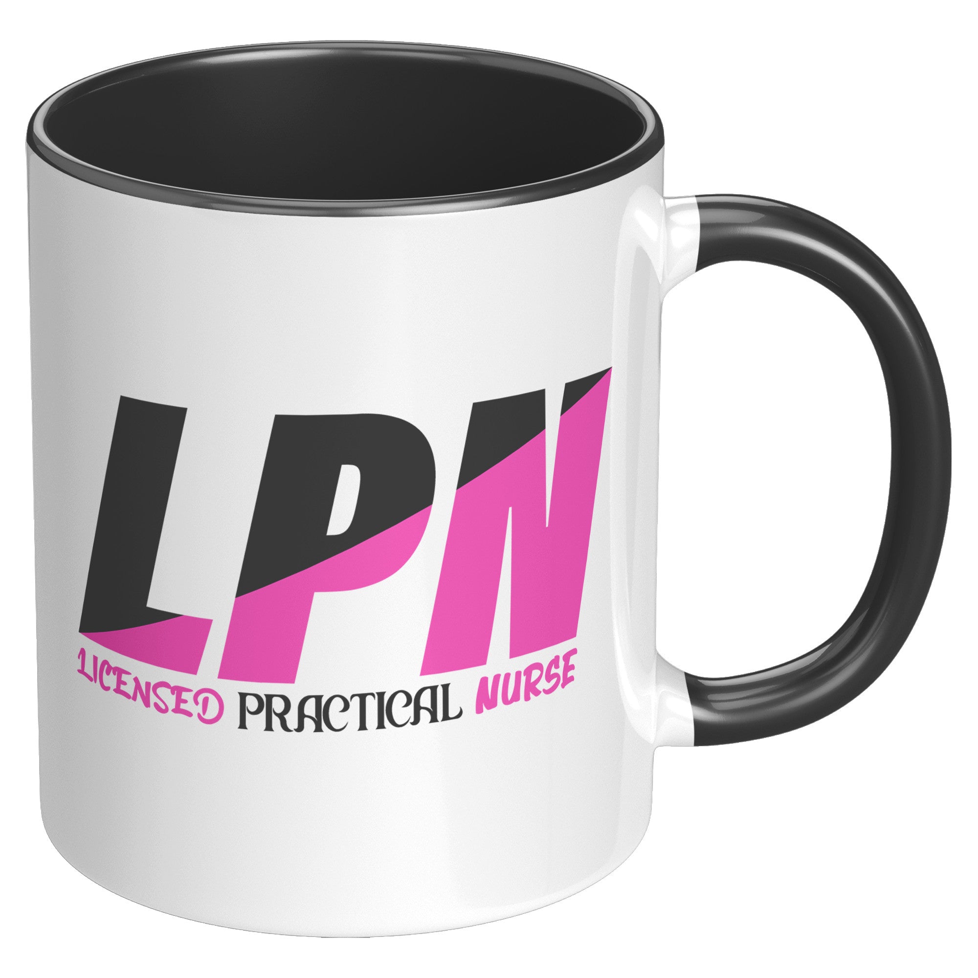 11 oz Accent Mug for Licensed Practical Nurses - Stylish Black and Fuschia Color Block with 'Licensed Practical Nurse' Text
