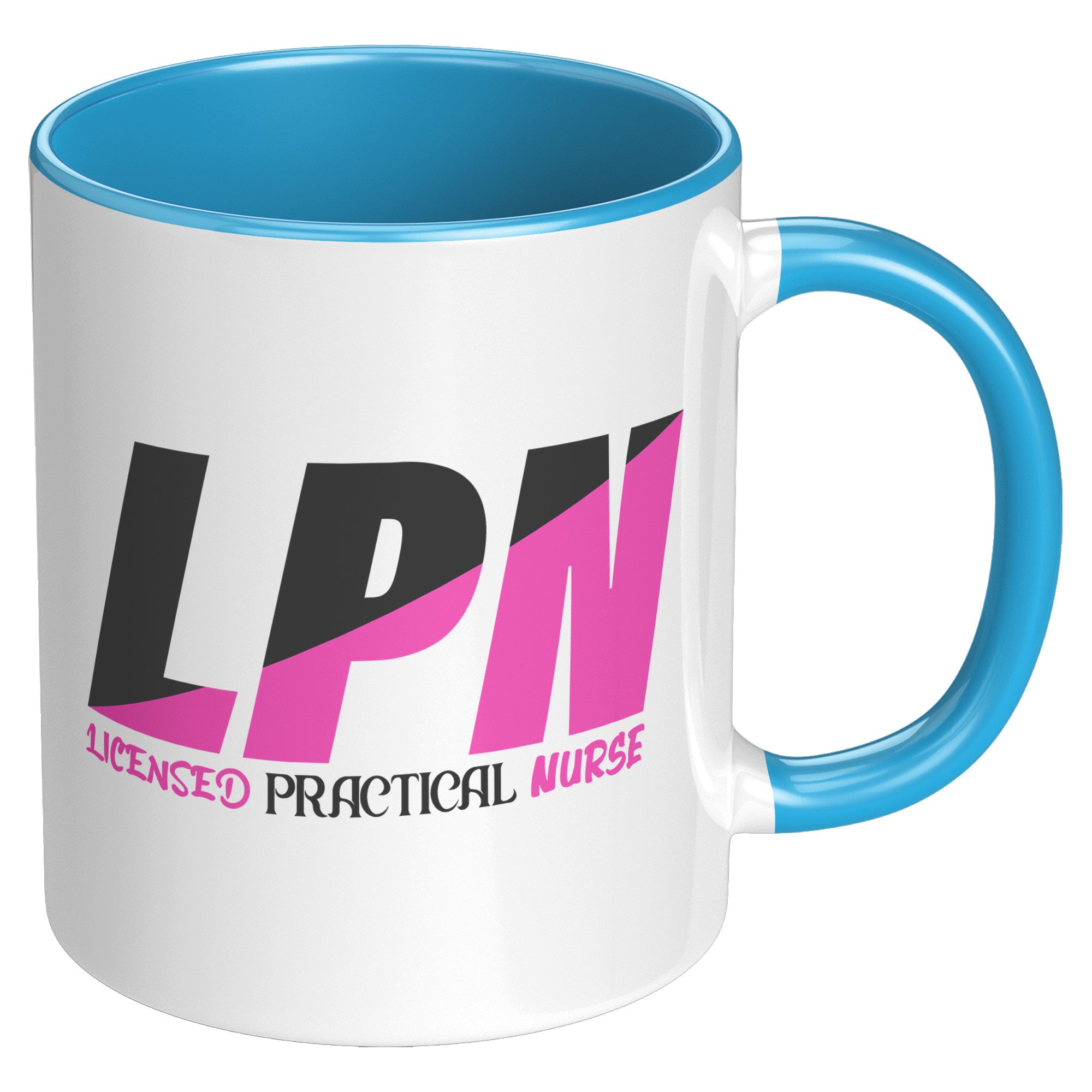 11 oz Accent Mug for Licensed Practical Nurses - Stylish Black and Fuschia Color Block with 'Licensed Practical Nurse' Text