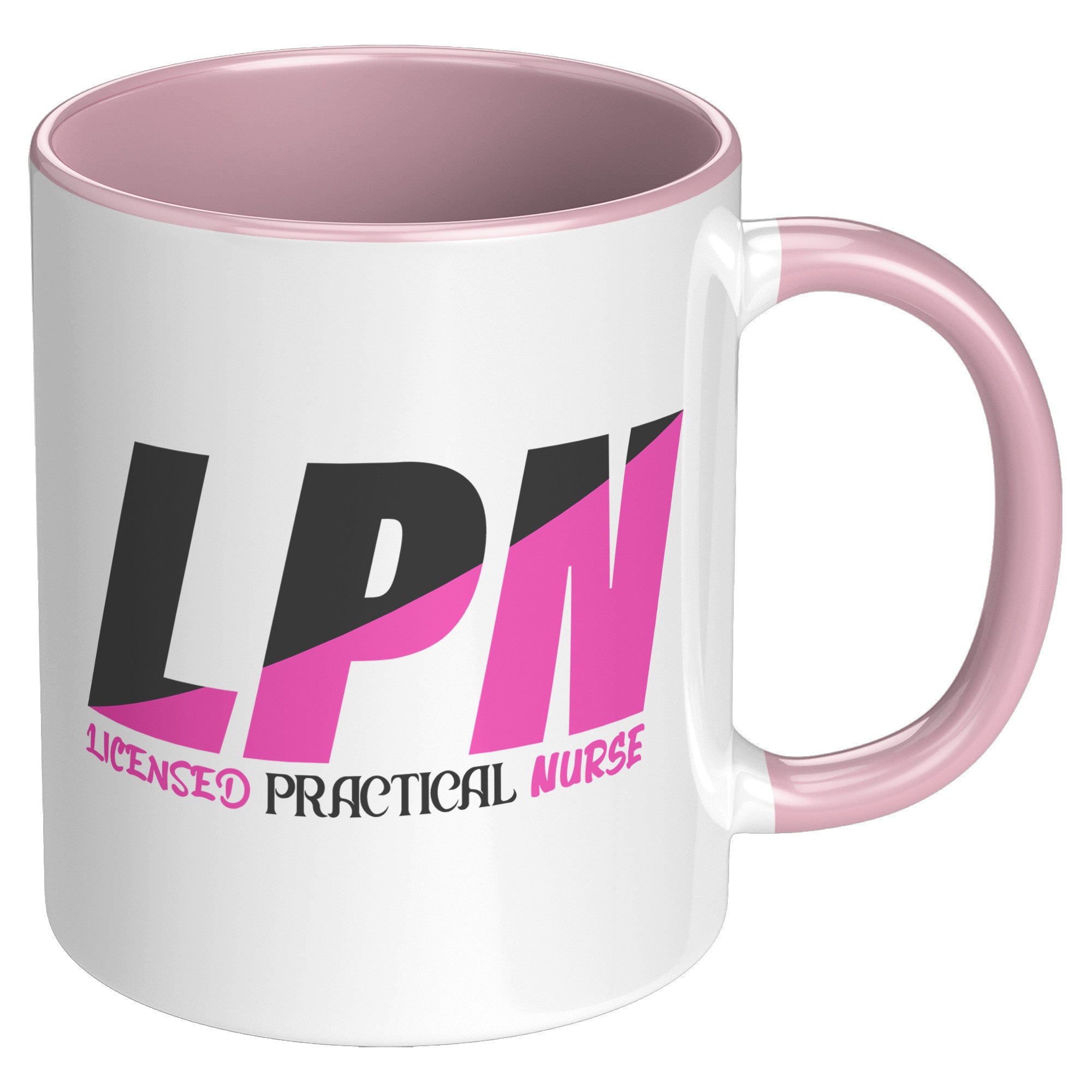 11 oz Accent Mug for Licensed Practical Nurses - Stylish Black and Fuschia Color Block with 'Licensed Practical Nurse' Text