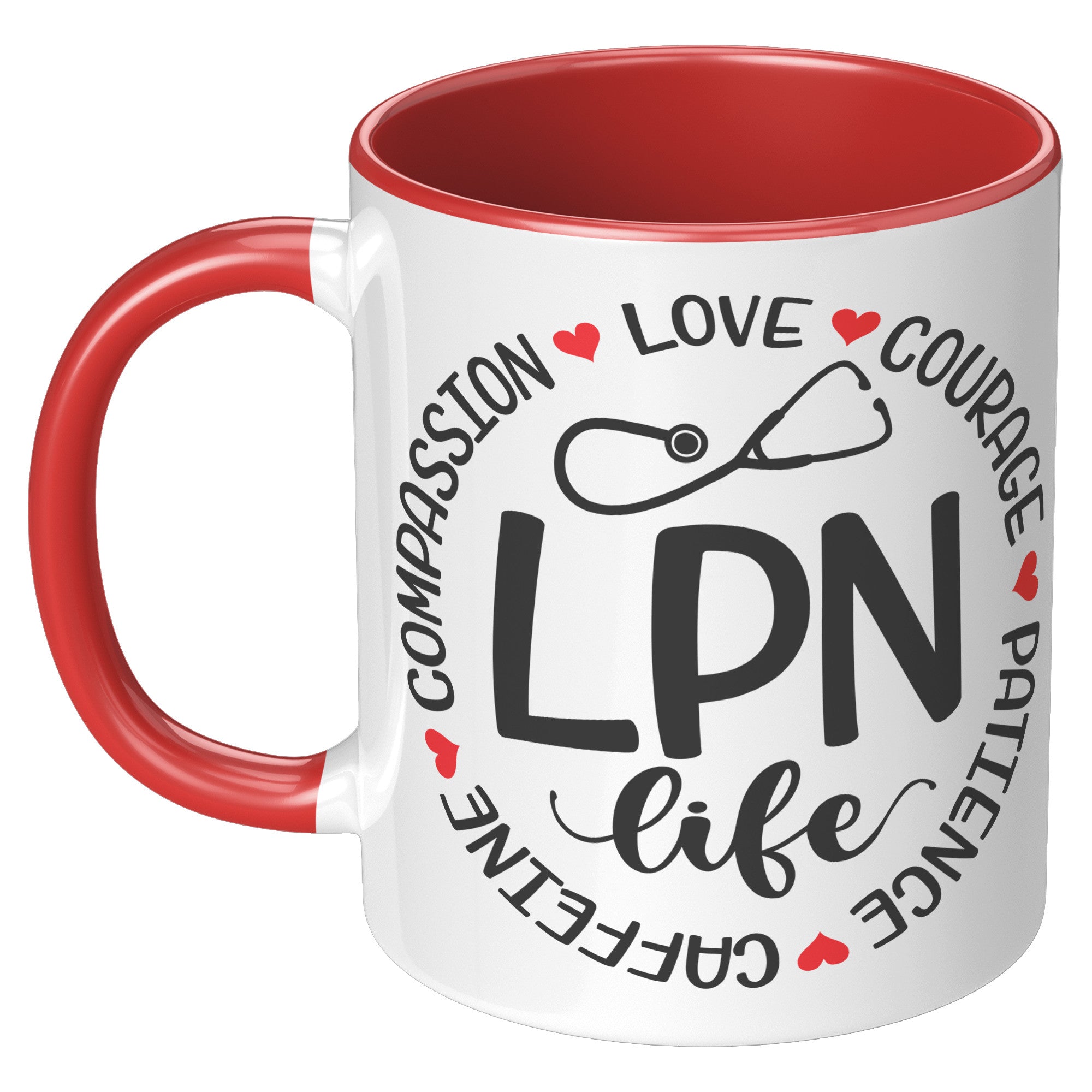 11 oz Accent Mug with 'LPN Life' in Circle Design - Featuring Compassion, Love, Courage, Patience, Caffeine - Ideal for LPNs