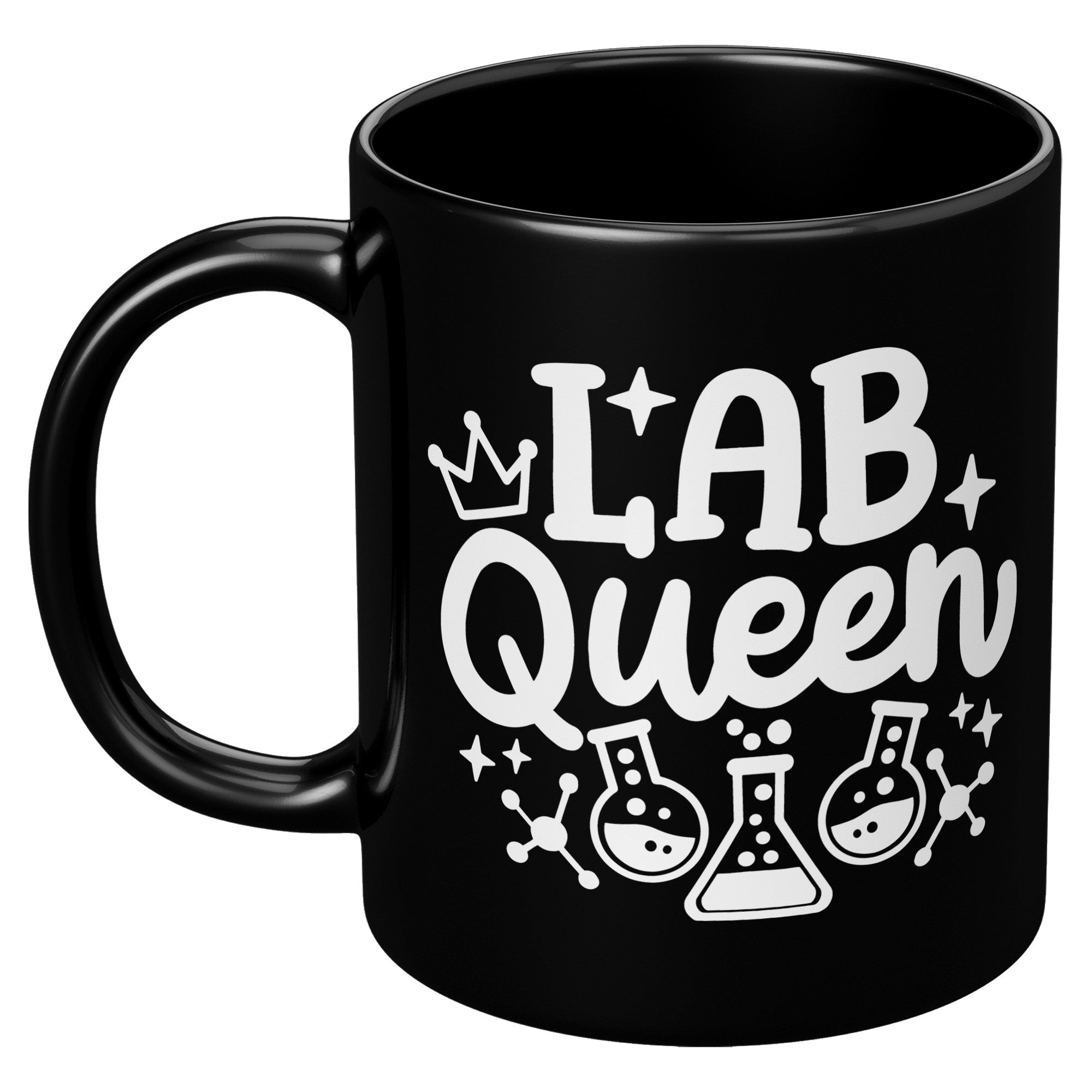 11 oz Black Coffee Mug with 'Lab Queen' Design Featuring Lab Vials - Ideal Gift for Laboratory Enthusiasts